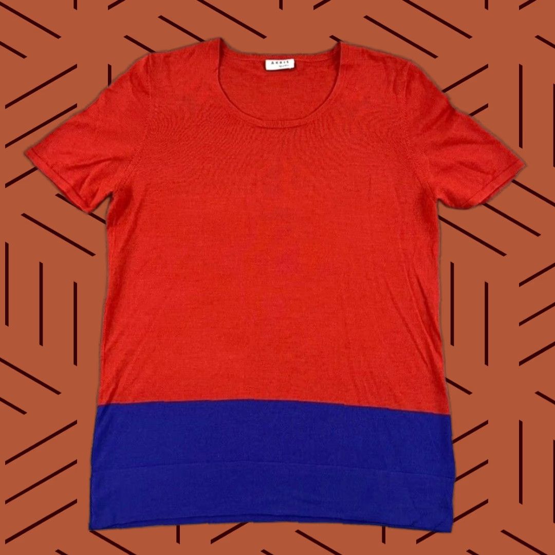 Akris AKRIS PUNTO Top Shirt Womens Size US 10 FR 42 Orange Blue Wool Crew Color Block Size L / US 10 / IT 46 - 1 Thumbnail