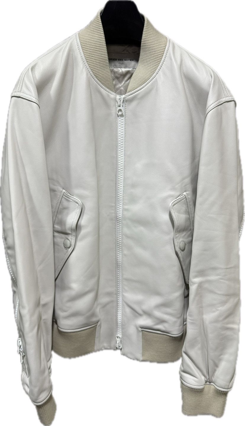 Dries Van Noten AW22 Lanvers Back zipped Leather Bomber Jacket Ecru MA-1 Size US L / EU 52-54 / 3 - 12 Thumbnail