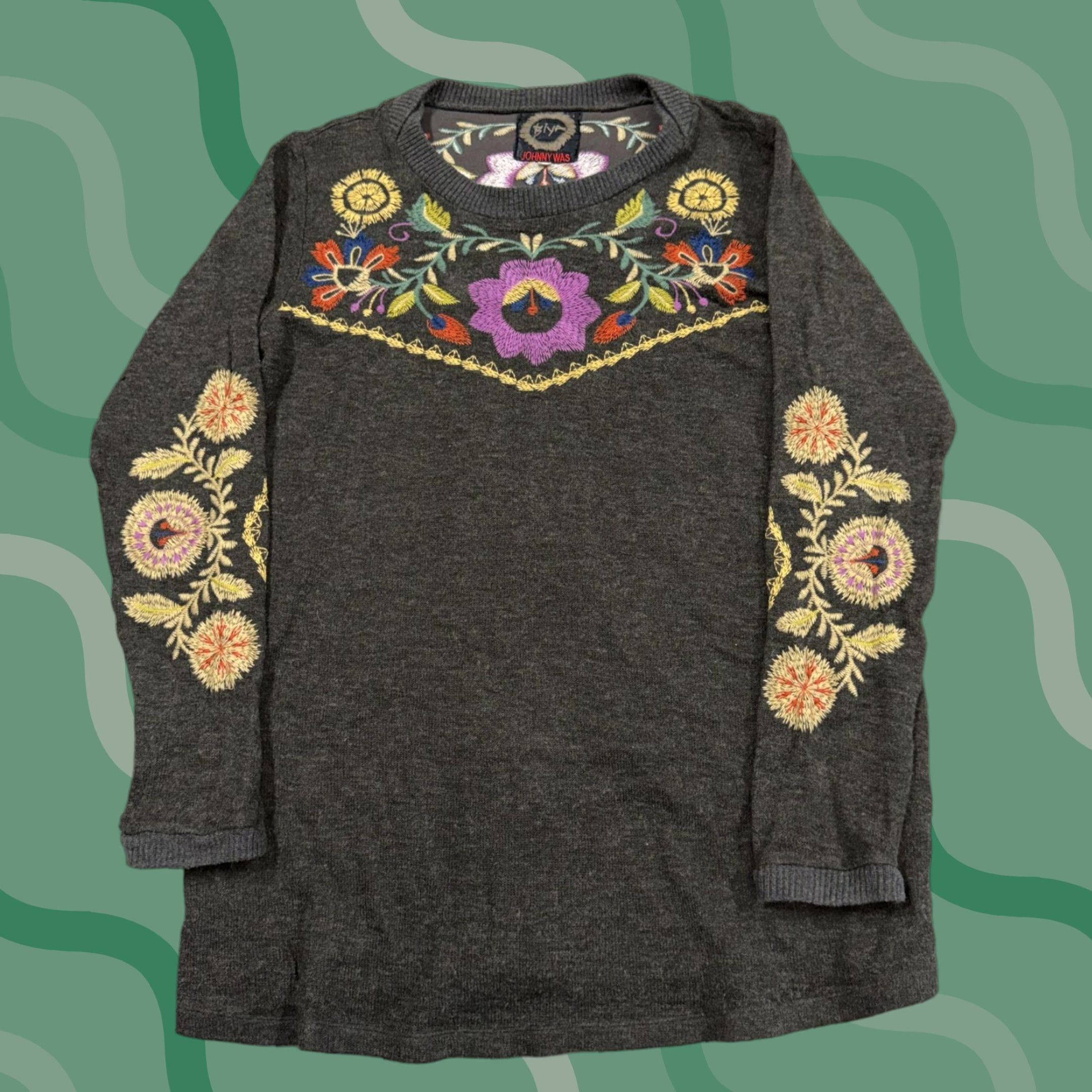 Johnny Was Johnny Was Sweater Womens Medium Gray Embroidered Floral Boho Crewneck Pullover Size M / US 6-8 / IT 42-44 - 1 Thumbnail
