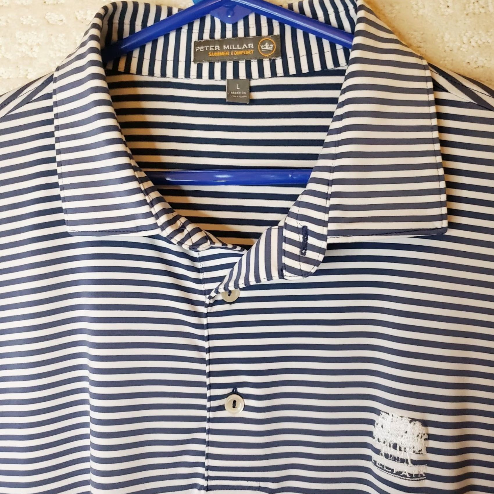 Peter Millar Peter Millar Summer Comfort Polo Shirt Navy Blue White Striped Golf L Crown Shirt Mens L Blue White Striped Polo Size US L / EU 52-54 / 3 - 5 Thumbnail