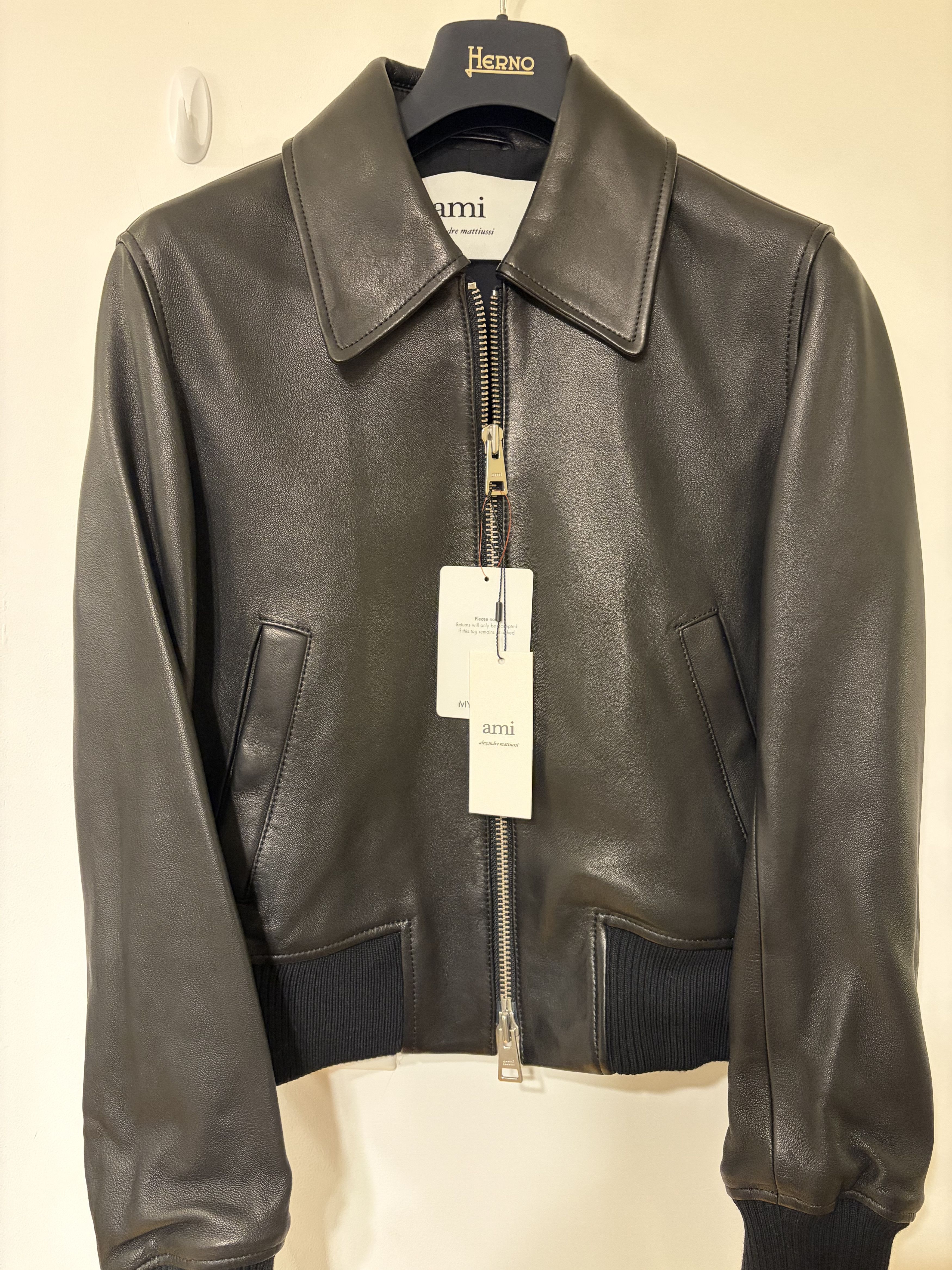 AMI AMI Paris Black Lambskin Leather Bomber Jacket – Size S NWT Size US S / EU 44-46 / 1 - 3 Thumbnail