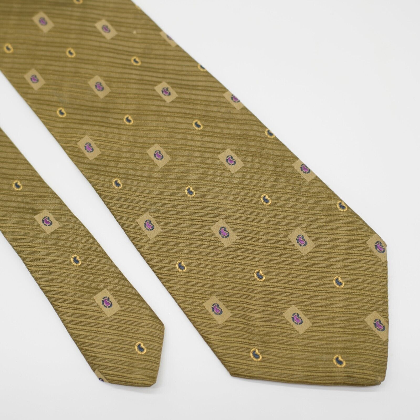 Vintage Shevel's Striped Paisley Green Beige Woven Wide Silk Tie USA Size ONE SIZE - 1 Thumbnail