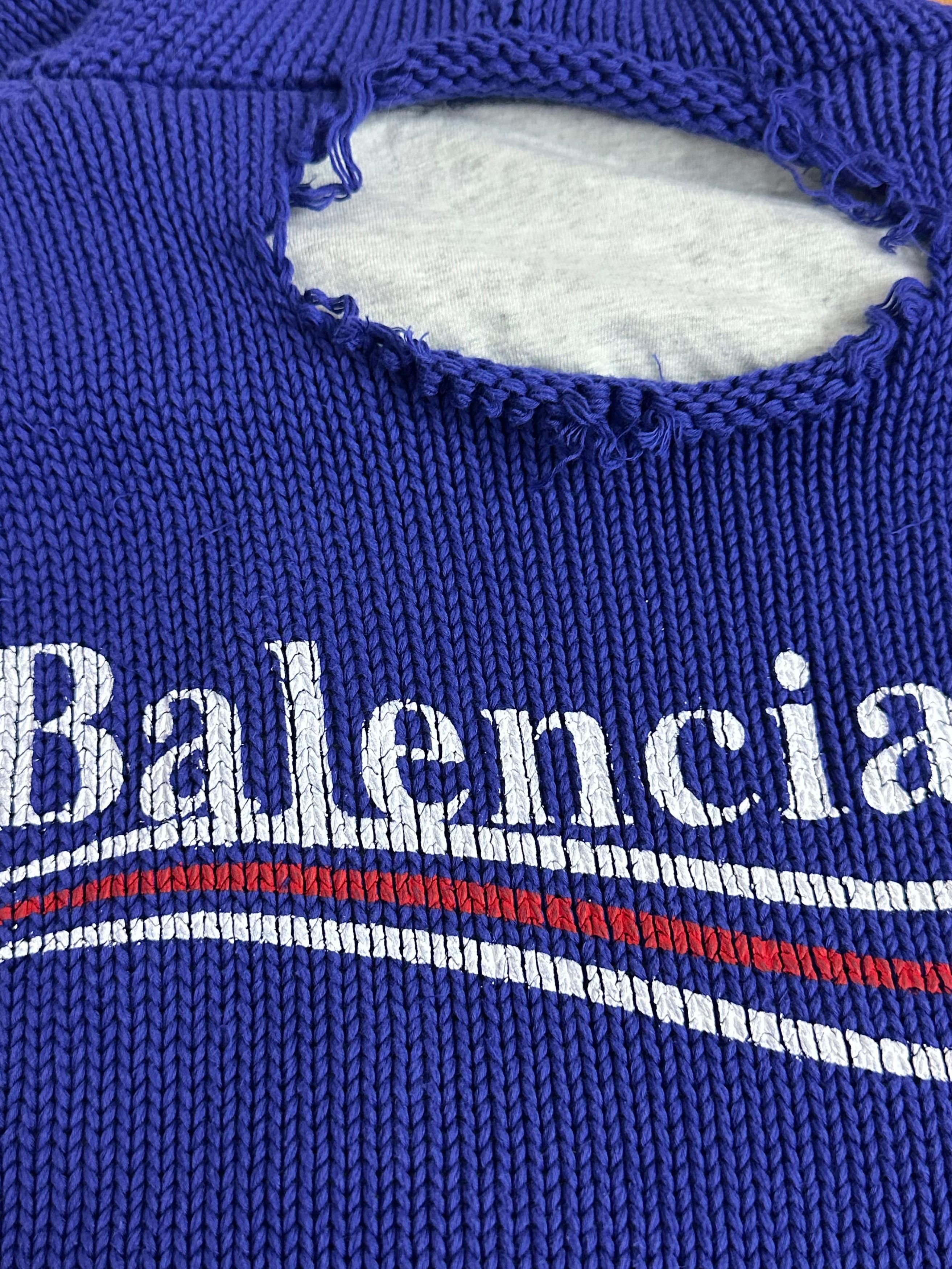 Balenciaga Balenciaga Political Campaign Destroyed Knit Hoodie in Blue Size US XS / EU 42 / 0 - 7 Thumbnail