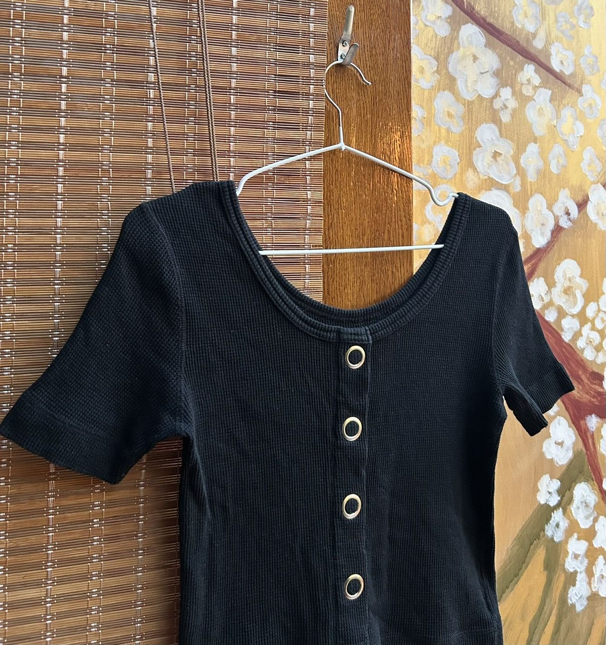 Beams Japan Ray Beams Waffle Knit Scoop Neck Black Cropped Top OS Size ONE SIZE - 3 Thumbnail