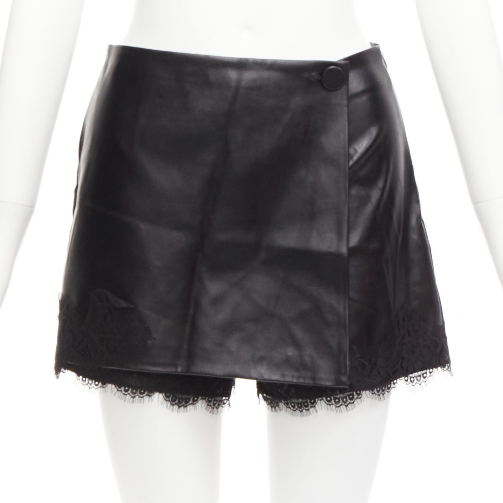 image of Ermanno Scervino Black Vegan Leather Wrap Skort Lace Trim Shorts It38 Xs, Women's (Size 26)