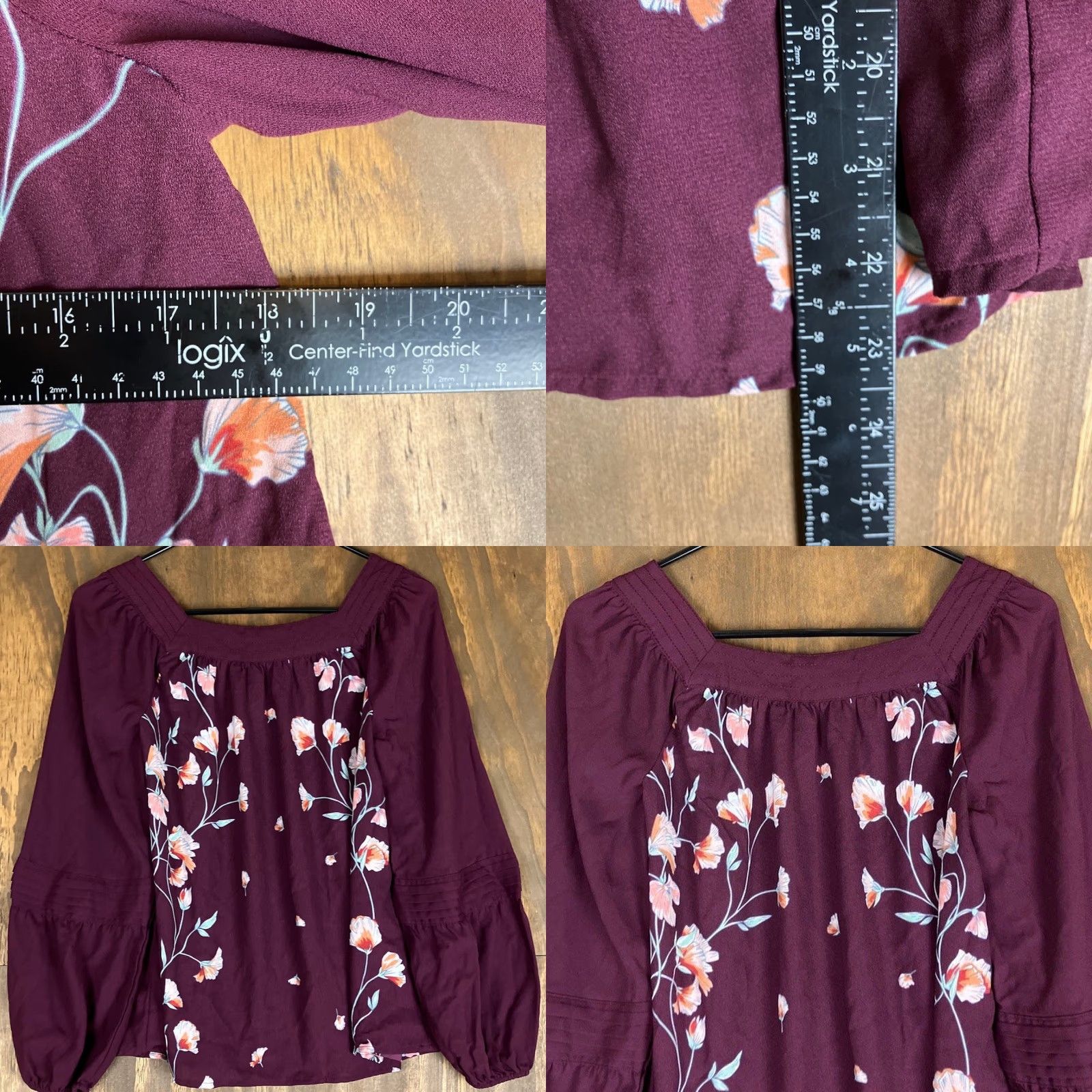 Lauren Conrad LC Lauren Conrad Blouse Womens Burgundy Petite Floral Square Neck Long Sleeve PS Size S / US 4 / IT 40 - 8 Thumbnail