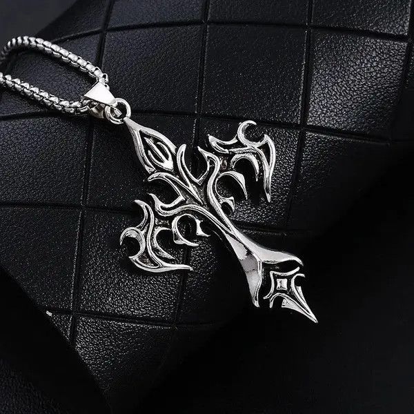 Jewelry Vintage Flame Cross Pendant Necklace Long Chain Punk Gothic Size ONE SIZE - 2 Thumbnail