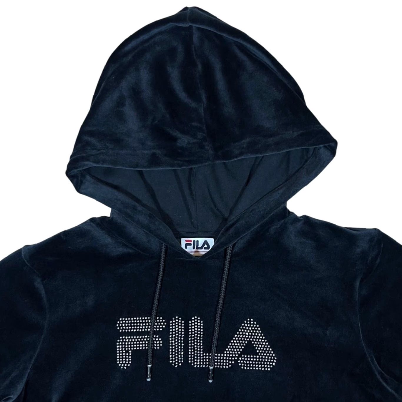 Fila FILA Rhinestone Diamante Spellout Black Velour Cropped Hoodie Women's M Color Black Hoodie Womens M Velour Cropped Dilamante Spellout Size M / US 6-8 / IT 42-44 - 2 Thumbnail