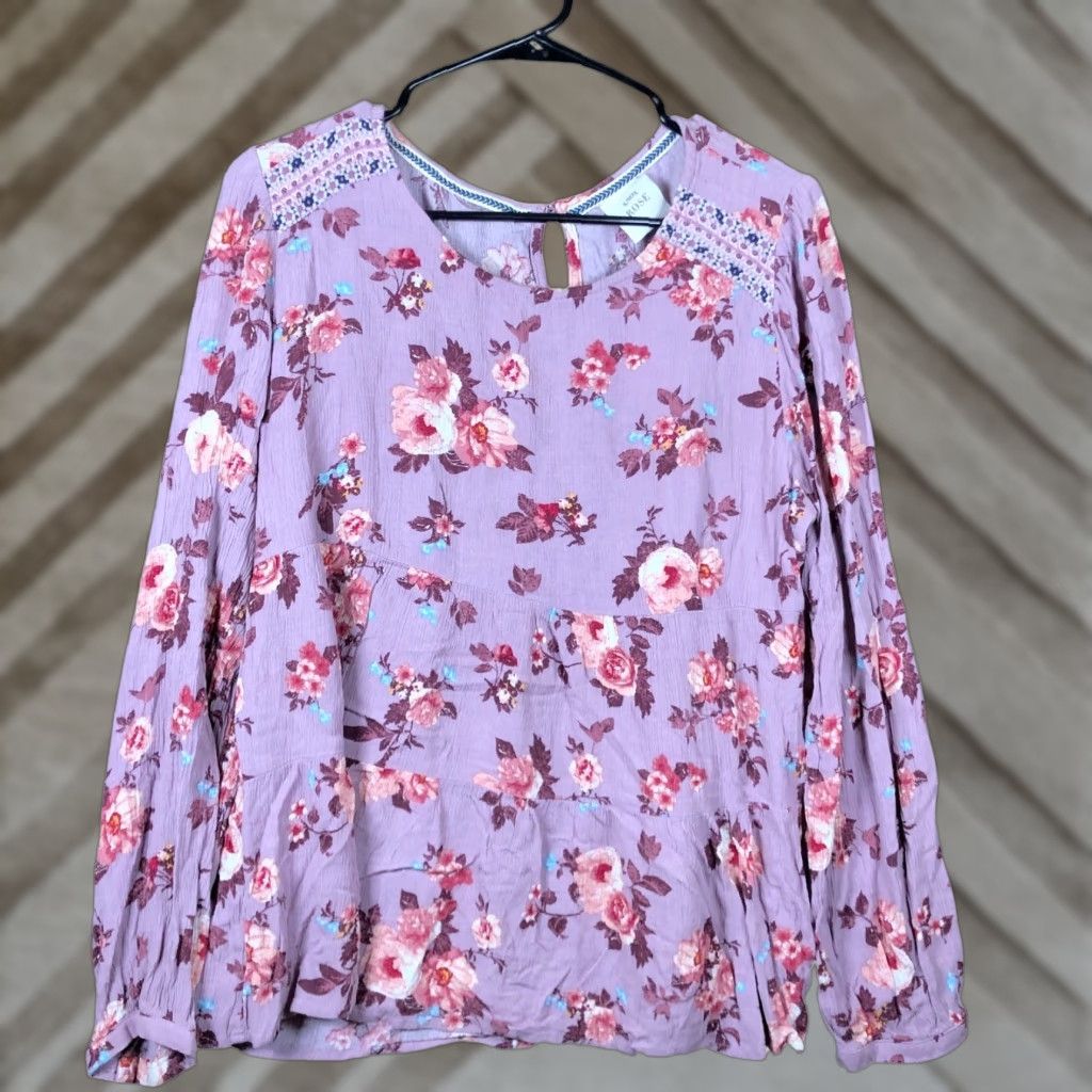 Vintage Knox Rose Womens Blouse Purple Floral Crew Neck Long Sleeve Large Size L / US 10 / IT 46 - 1 Thumbnail