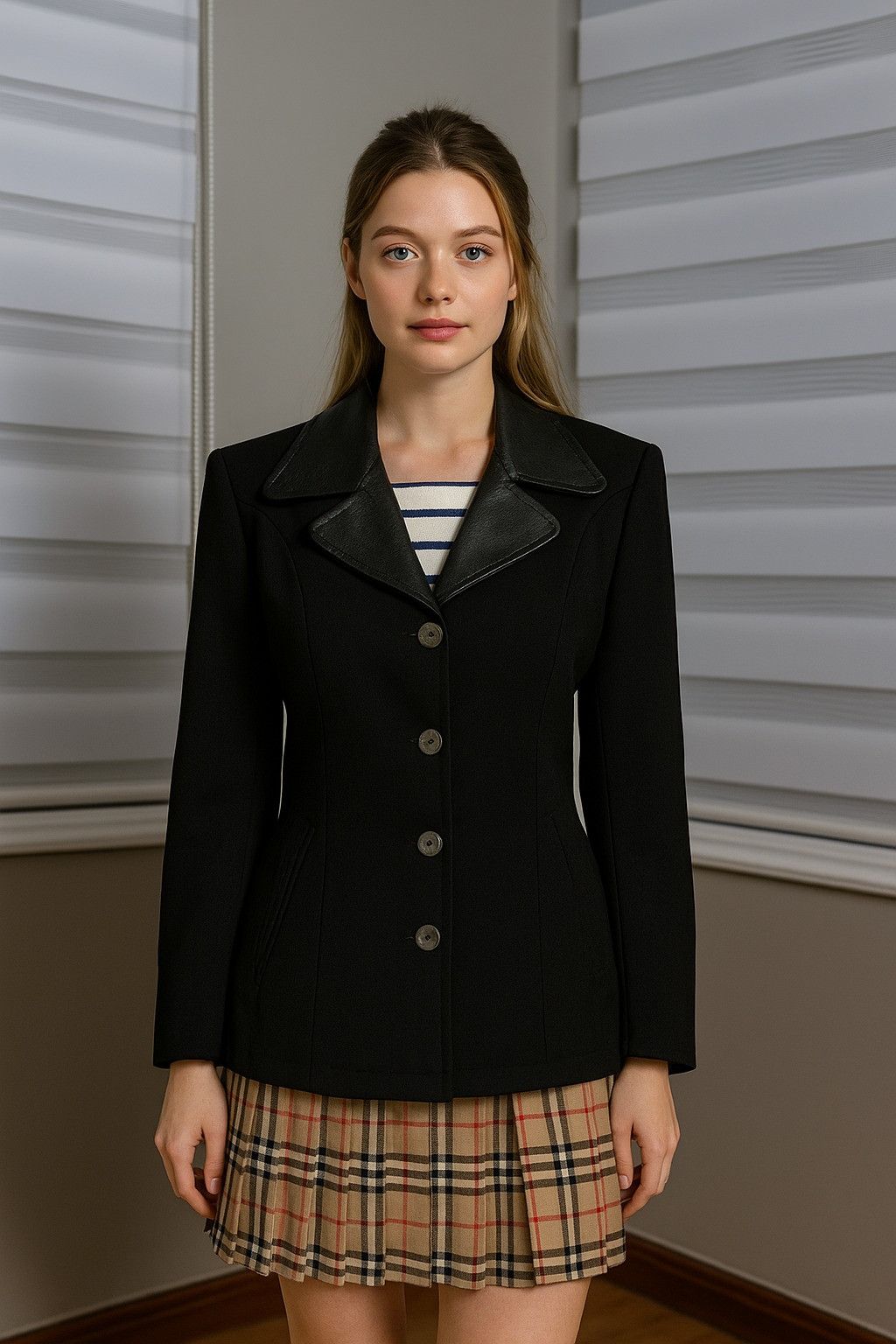 Sisley PARIS vintage leather wool designer BLAZER XS 8149