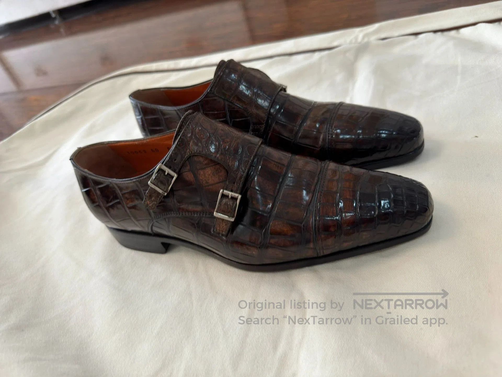 Santoni Brown Crocodile Texture Double Monk Strap Formal Shoes. Size US 6.5 / EU 39-40 - 3 Thumbnail