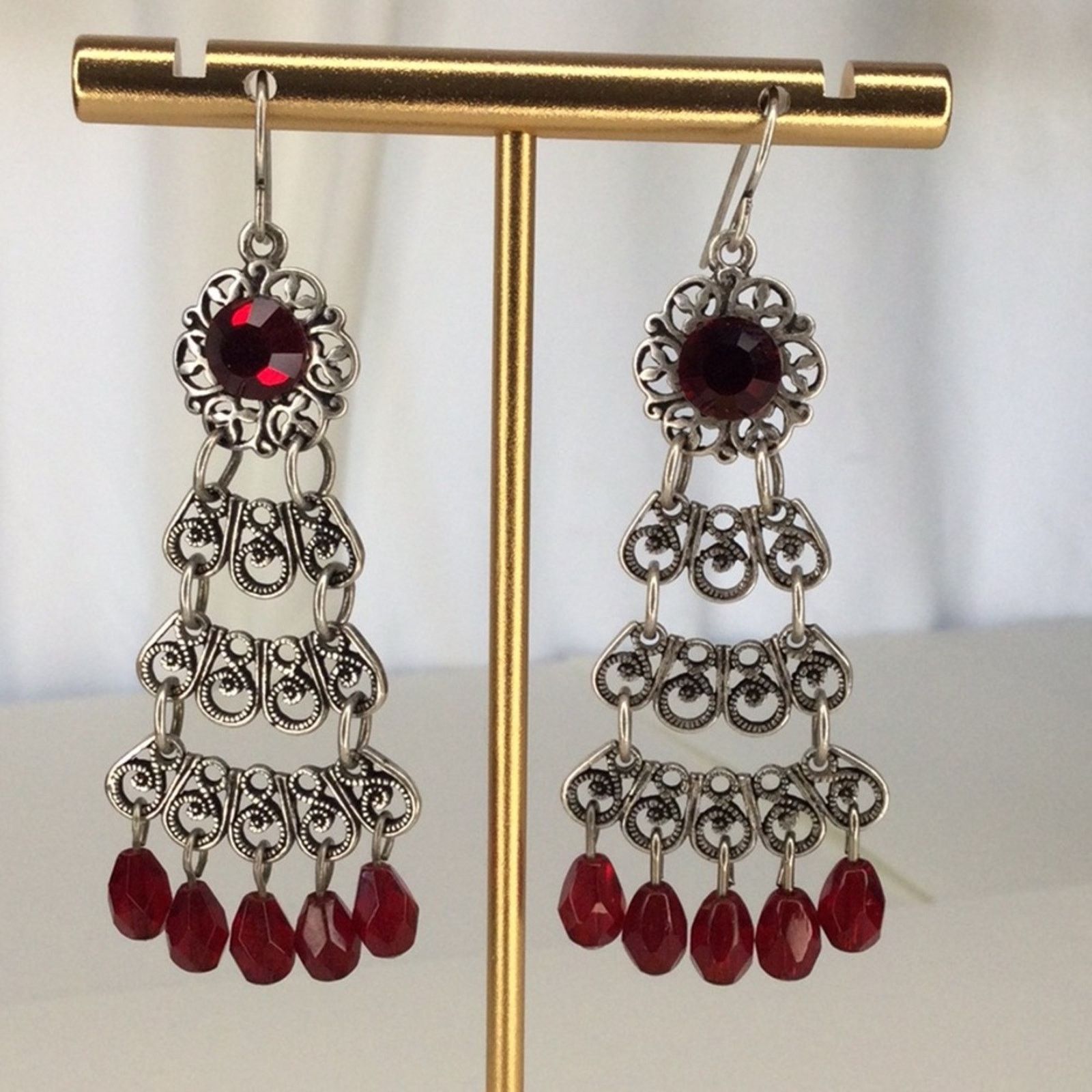 Other Retro 1990's Silver Tone Garnet Bead Chandelier Earrings Size ONE SIZE - 4 Thumbnail