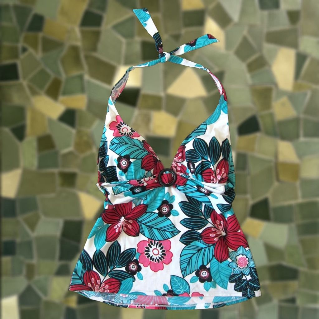 Croft & Barrow Croft & Barrow Green Pink Floral Built In Bra Tankini Halter Swim Top Women 10 Size L / US 10 / IT 46 - 1 Thumbnail