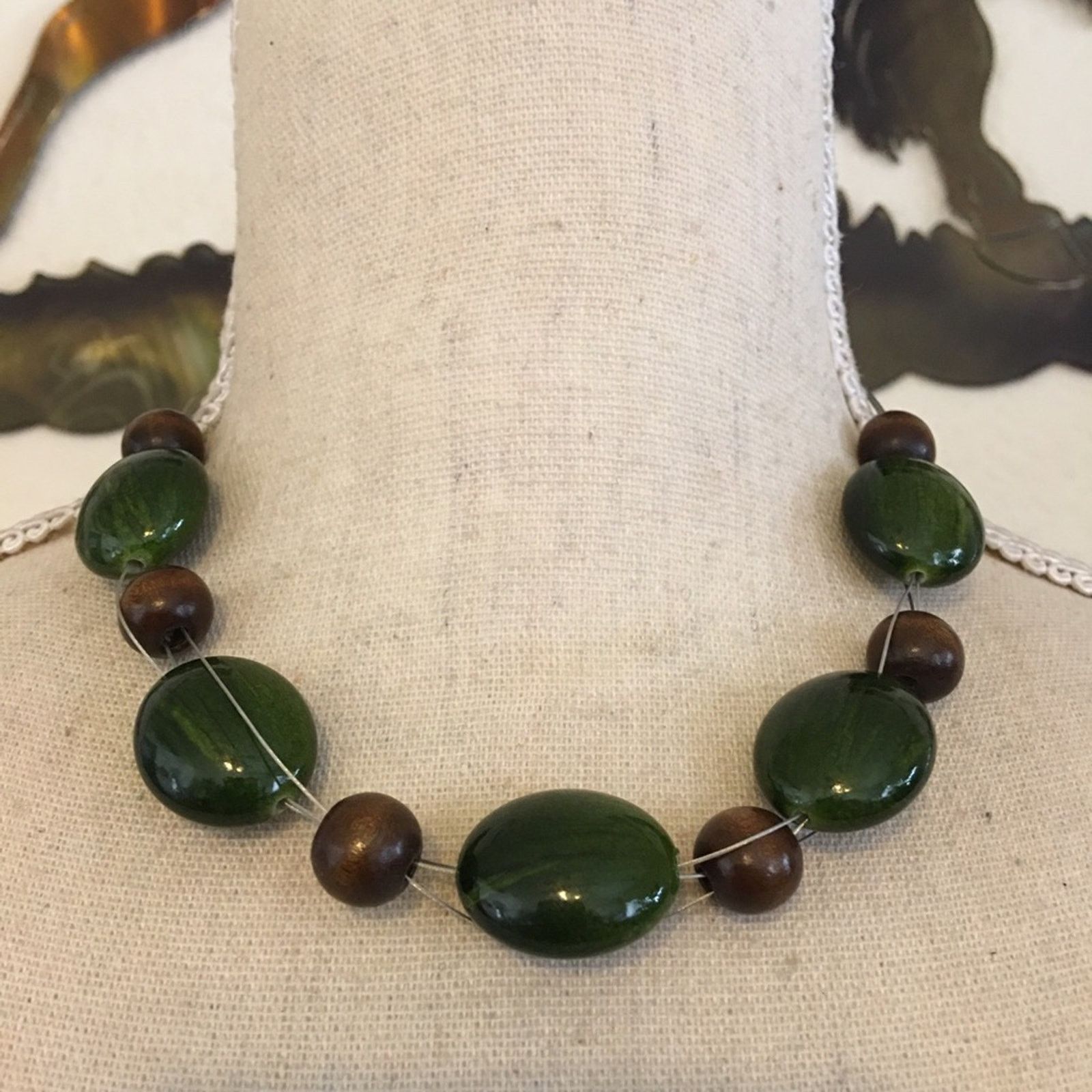 Jewelry Glass and wood floating bead fish line necklace Size ONE SIZE - 1 Thumbnail
