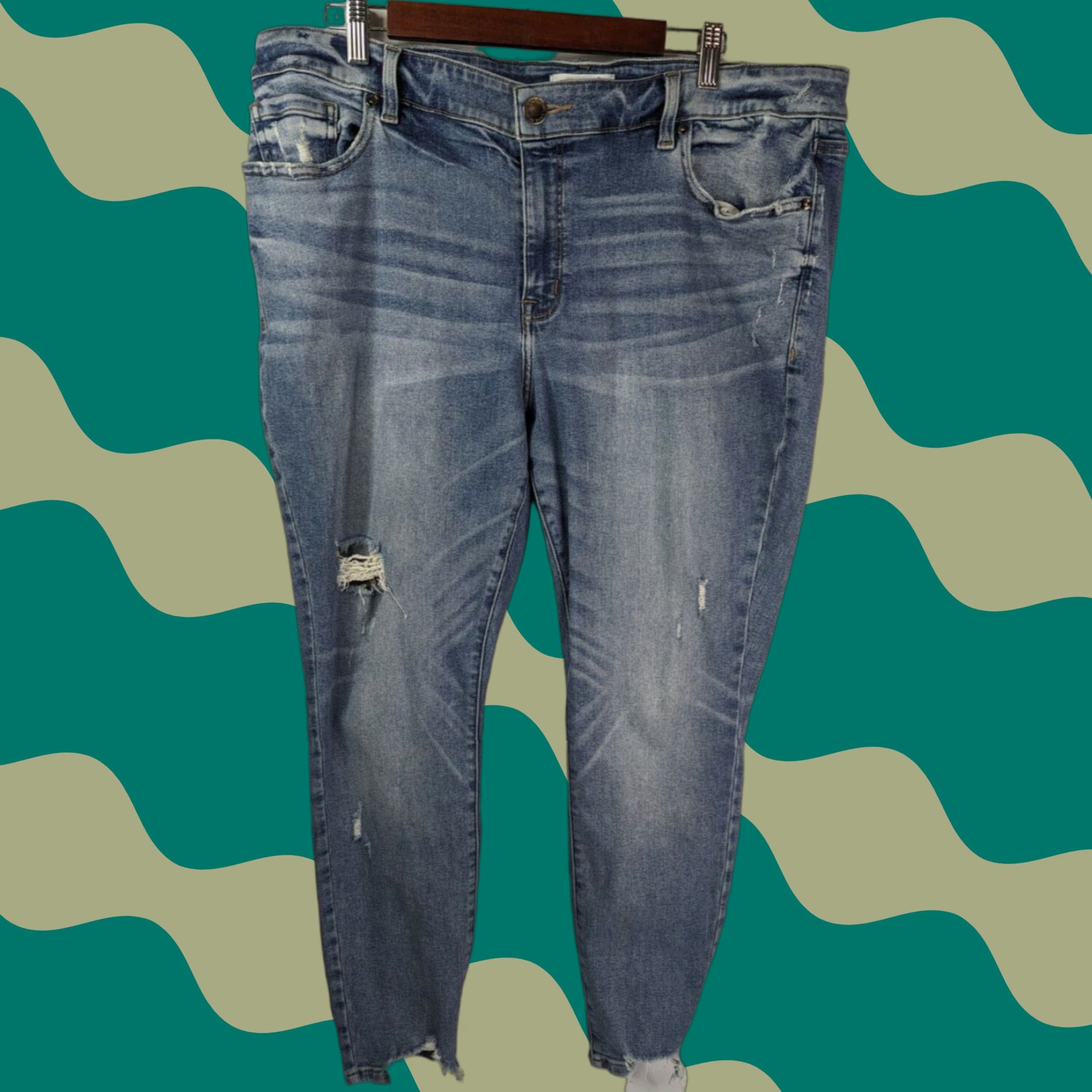 Vintage Lane Bryant Jeans 20 High Rise Shark Bite Hem Distressed Skinny Ankle Blue Denim Size 42" / US 20 - 1 Thumbnail