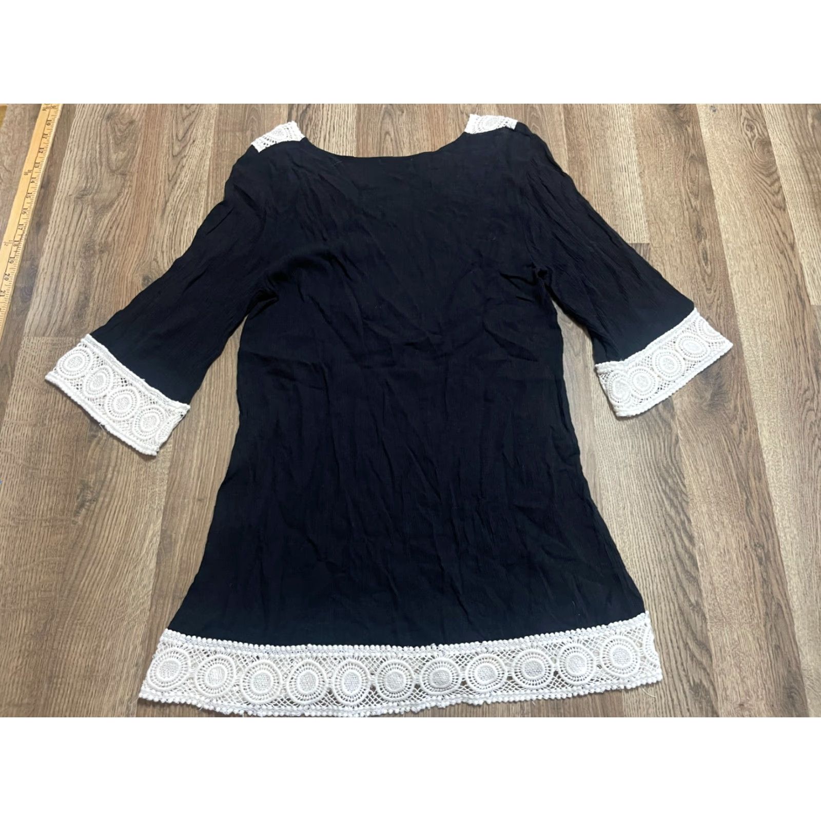 Vintage West Kei Dress Women's M Lace 3/4 Sleeve Knee Length Black White Casual Fit & Flare Dress Womens Size M / US 6-8 / IT 42-44 - 2 Thumbnail