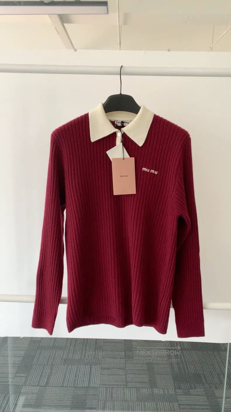 Miu Miu Miu Miu 42 Spring wine red knitted polo cashmere sweater Size L / US 10 / IT 46 - 1 Thumbnail