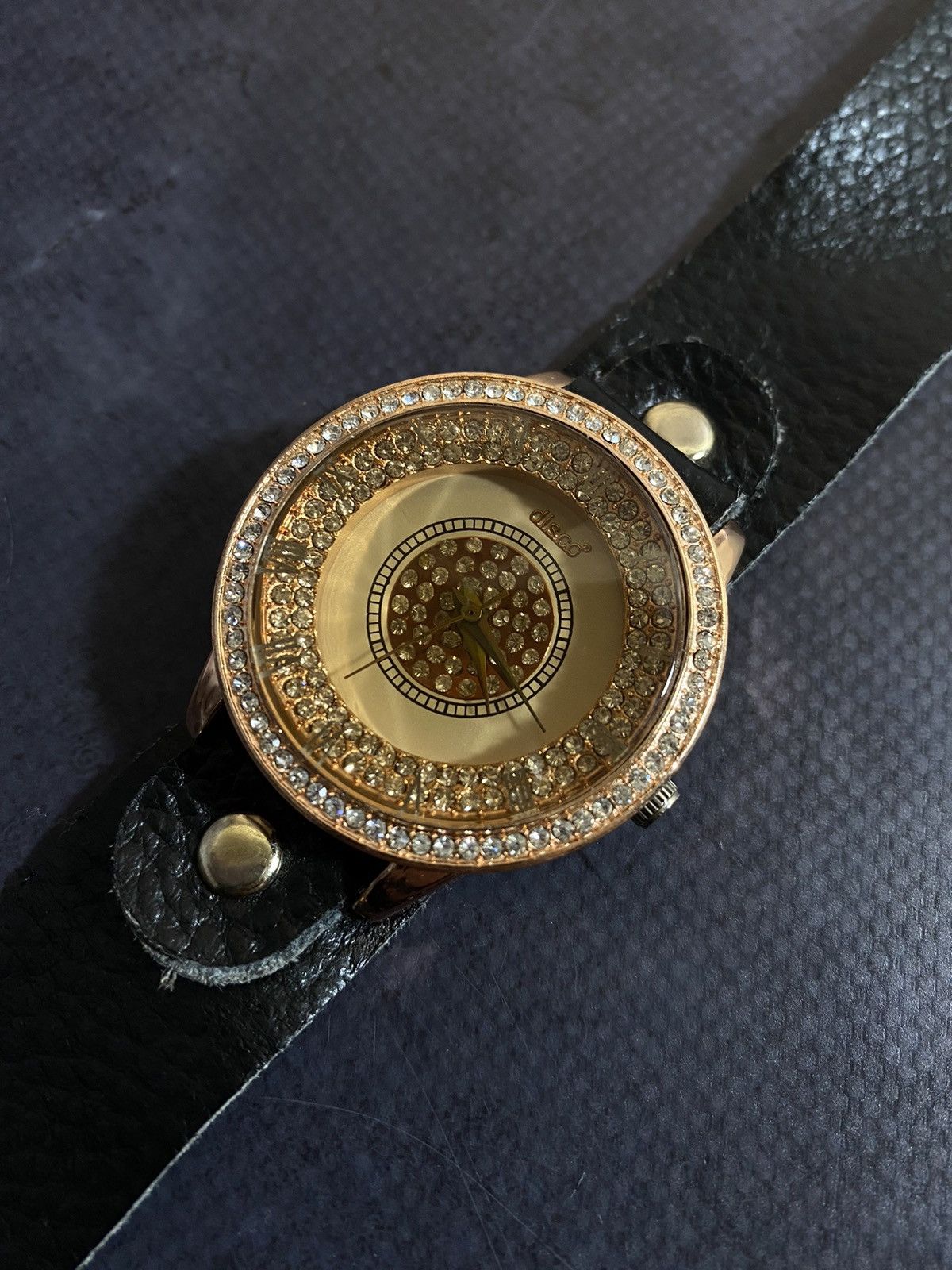 Vintage Disco Gold-Tone Rhinestone Watch with Leather Strap Size ONE SIZE - 6 Thumbnail