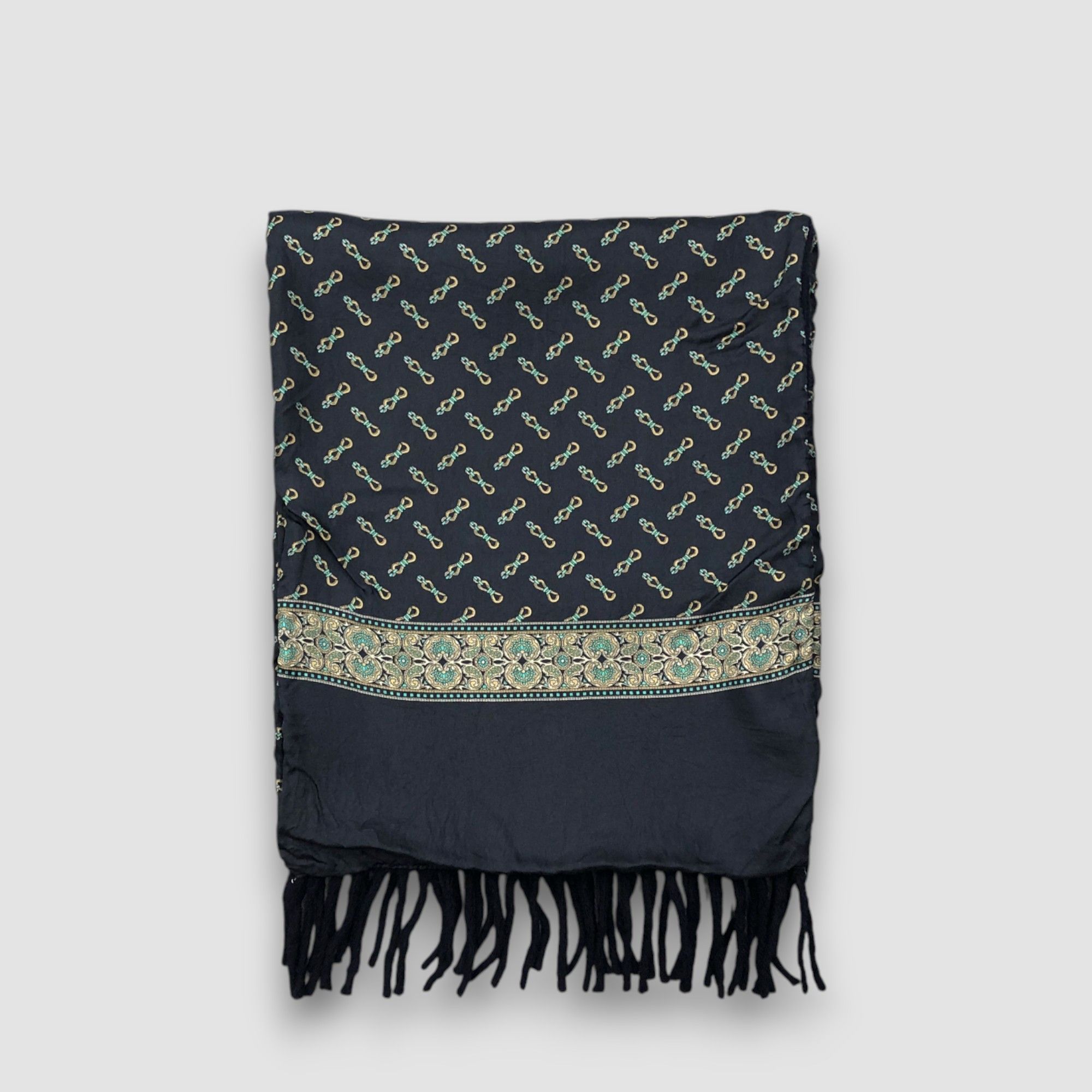 Japanese Brand Vintage Silk Fringe Scarf Muffler Wool Cashmere Scarves Size ONE SIZE - 2 Thumbnail
