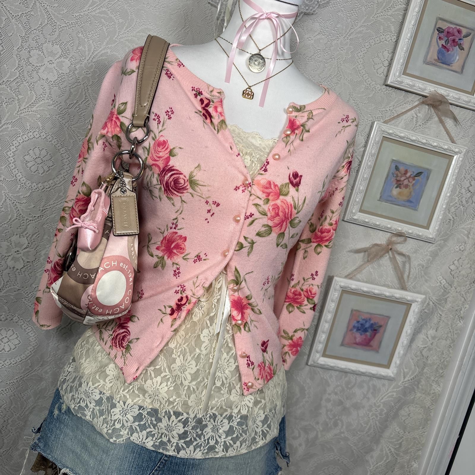 Other vintage pink floral coquette fitted cardigan Size M / US 6-8 / IT 42-44 - 6 Thumbnail
