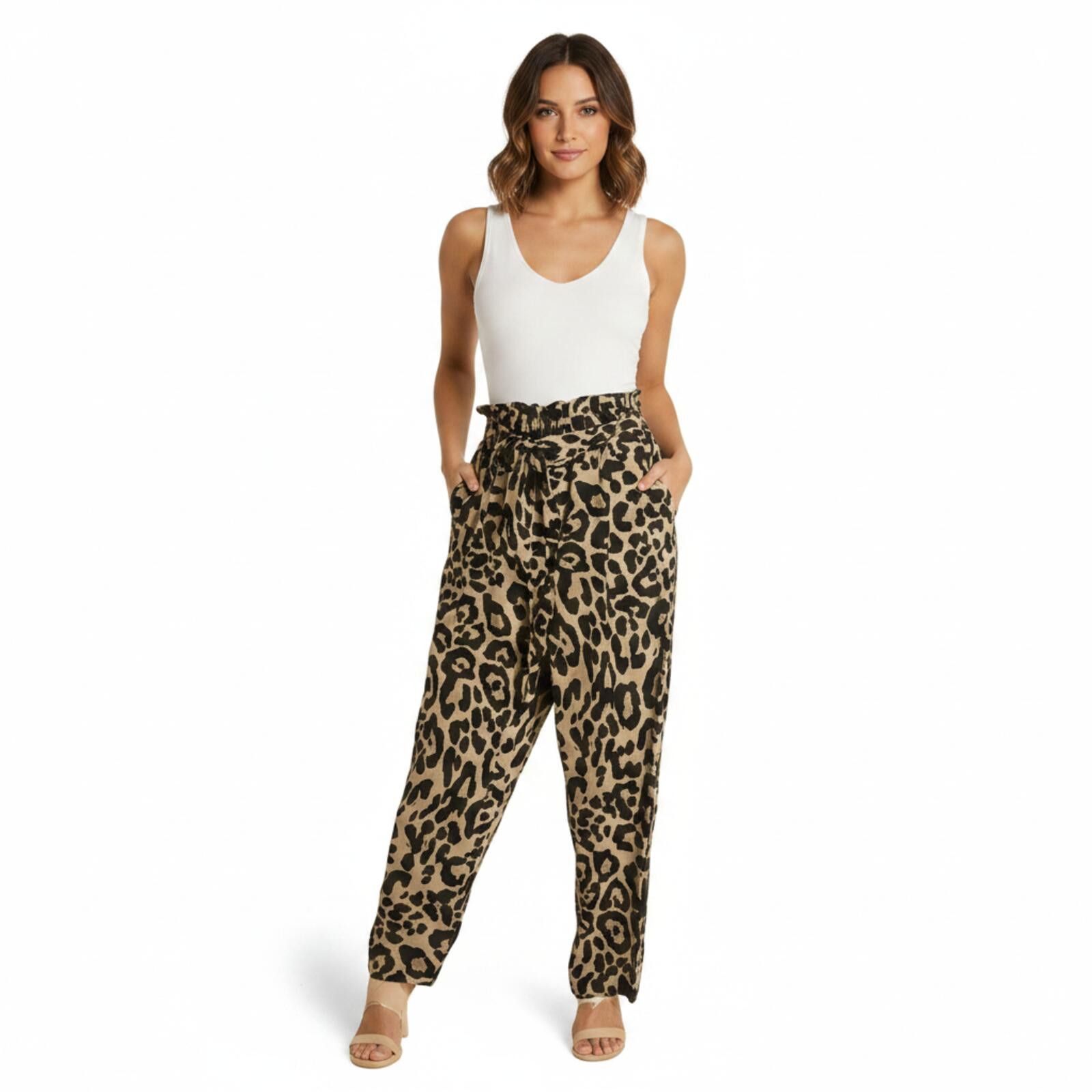 Other M Tan Black Leopard Straight Leg PaperBag Waist Tie Pants Size 32" / US 10 / IT 46 - 1 Thumbnail