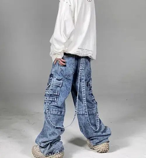 Jean Heavy washed street style long strap wide leg jeans Size US 32 / EU 48 - 1 Thumbnail