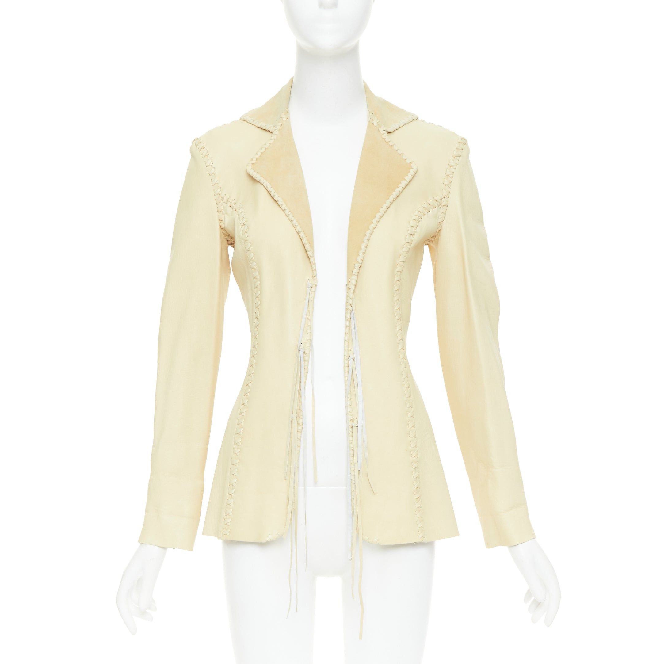 RALPH LAUREN Purple Label beige whipstitch lambskin leather fitted blazer IT38 XS