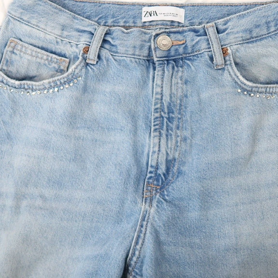 Zara Zara Light Wash Blue Denim Wide Leg Jeans Rhinestone Gems Size 8 Size 30" / US 8 / IT 44 - 2 Thumbnail