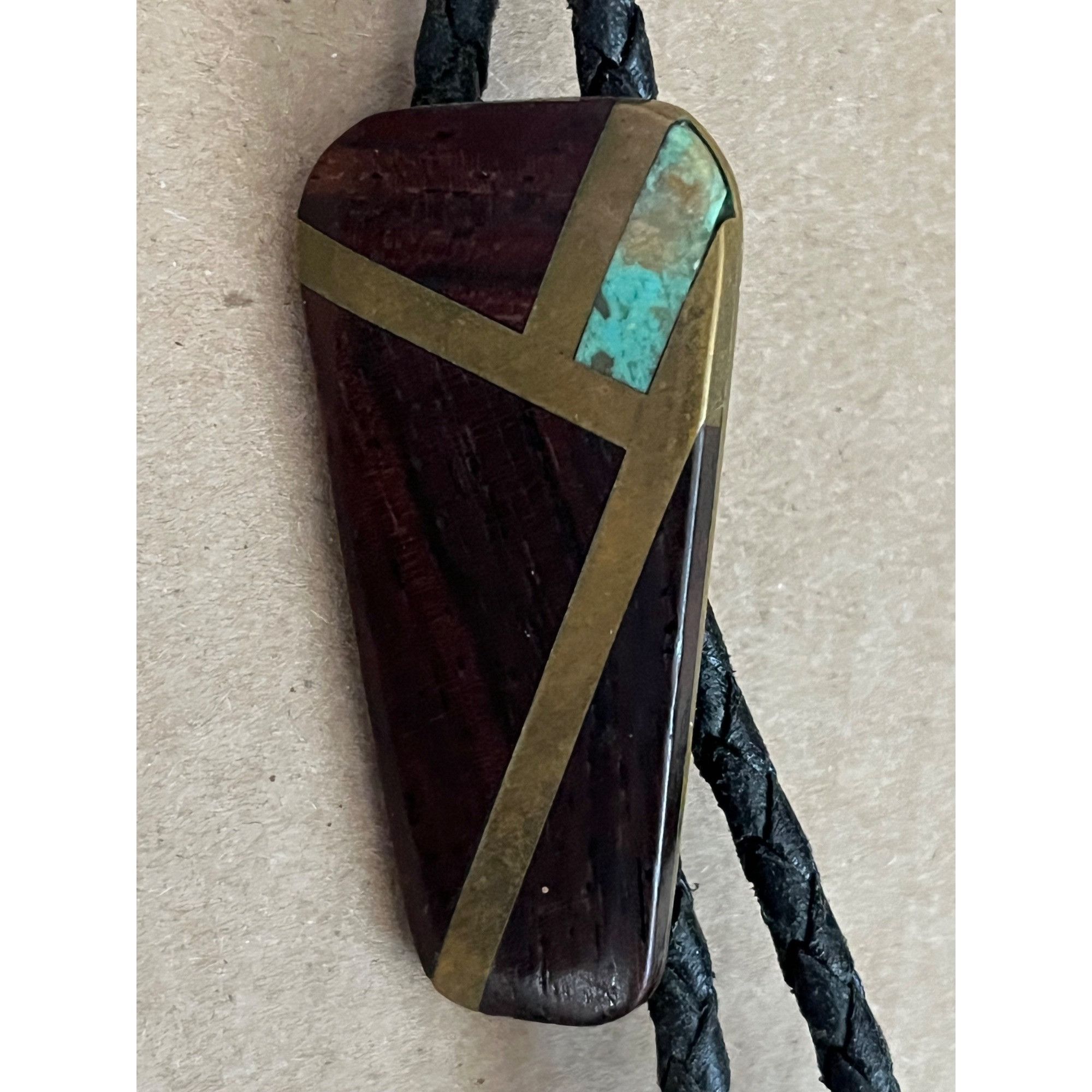 Other Handcrafted Wood & Brass Bolo Tie With Turquoise Inlay Size 36 - 7 Thumbnail