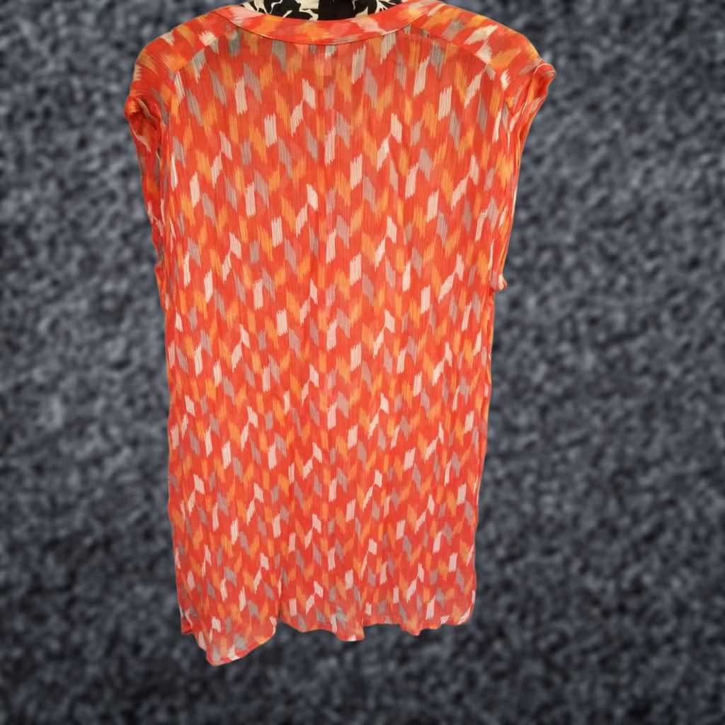 Lucky Brand Lucky Brand Womens Abstract Orange Sheer Button Down Top V-Neck Cap Sleeve Large Size L / US 10 / IT 46 - 1 Thumbnail