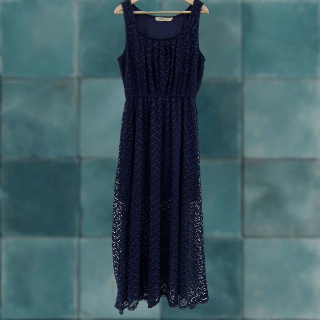 Vintage Liberty Love Women’s Navy Blue Lacy Maxi Dress XL Plus Size Sleeveless Lace Fit & Flare Long Casual Womens Size XL / US 12-14 / IT 48-50 - 1 Thumbnail