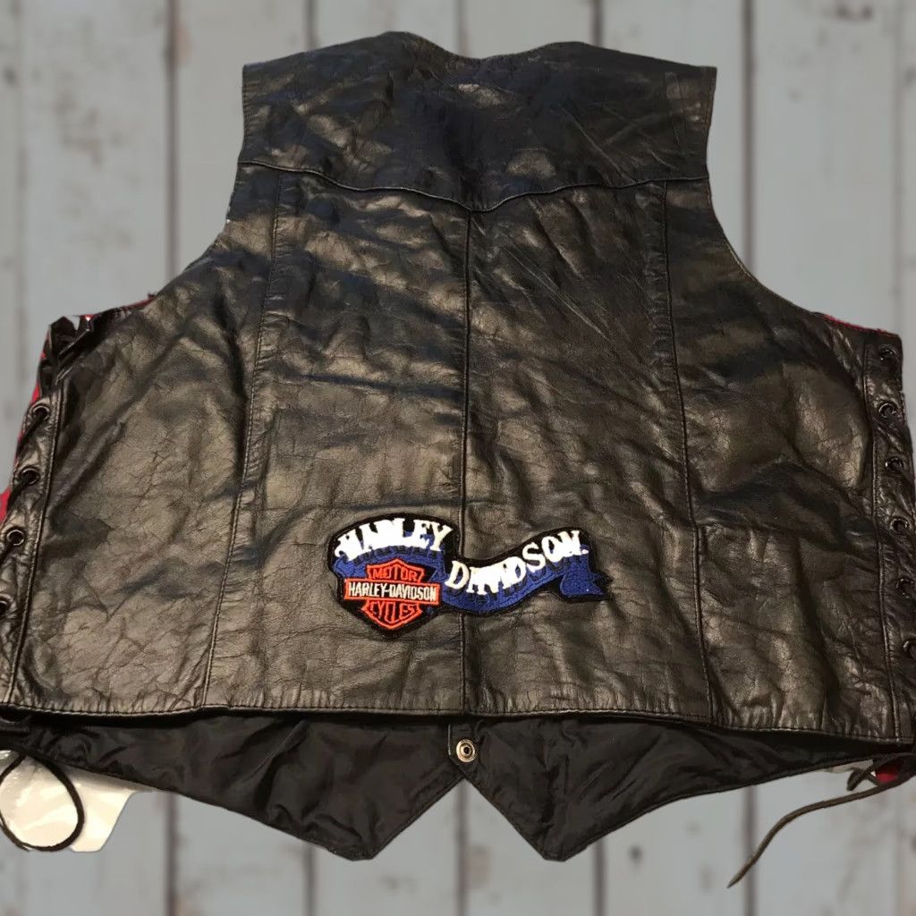 Harley Davidson Harley-Davidson BLACK Leather BIKER VEST 2XL Size 50 Snaps Lace Up Nylon Lined Mens Vest Side Lacing Pockets HD Patch Back Vintage Size US XXL / EU 58 / 5 - 1 Thumbnail