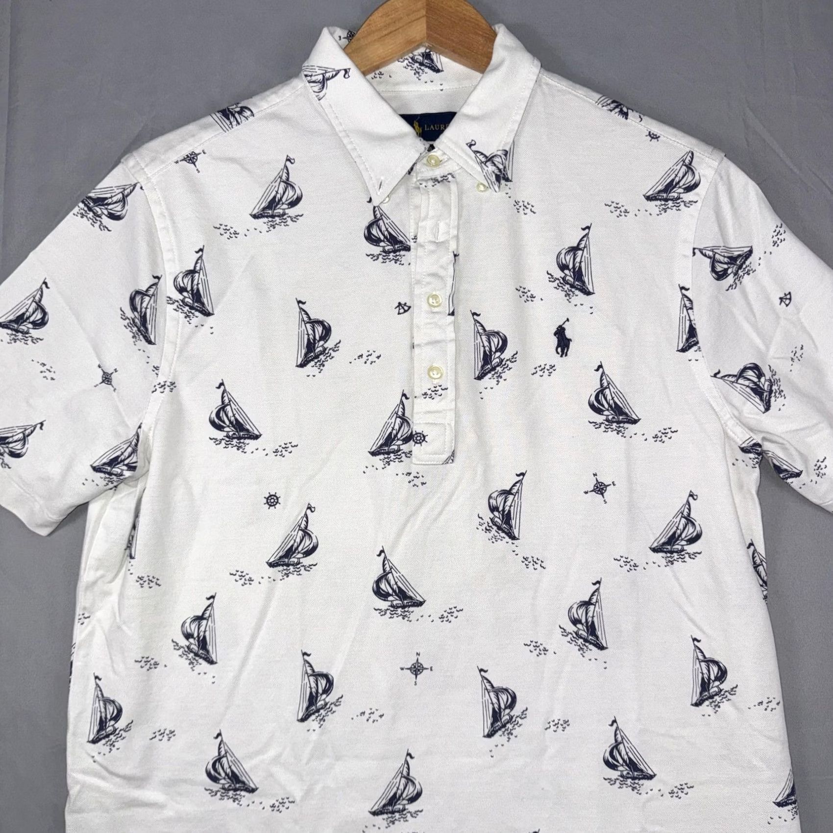 Ralph Lauren Ralph Lauren Polo Shirt Mens L White Knit Oxford Sailboat Nautical Graphic Print Button-Down Collar Short Sleeve Polo Boy Not Applicable Size US L / EU 52-54 / 3 - 4 Thumbnail