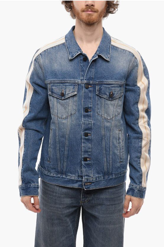 image of Palm Angels Denim Jacket With Contrasting Side Bands in Blue, Men's (Size Small)