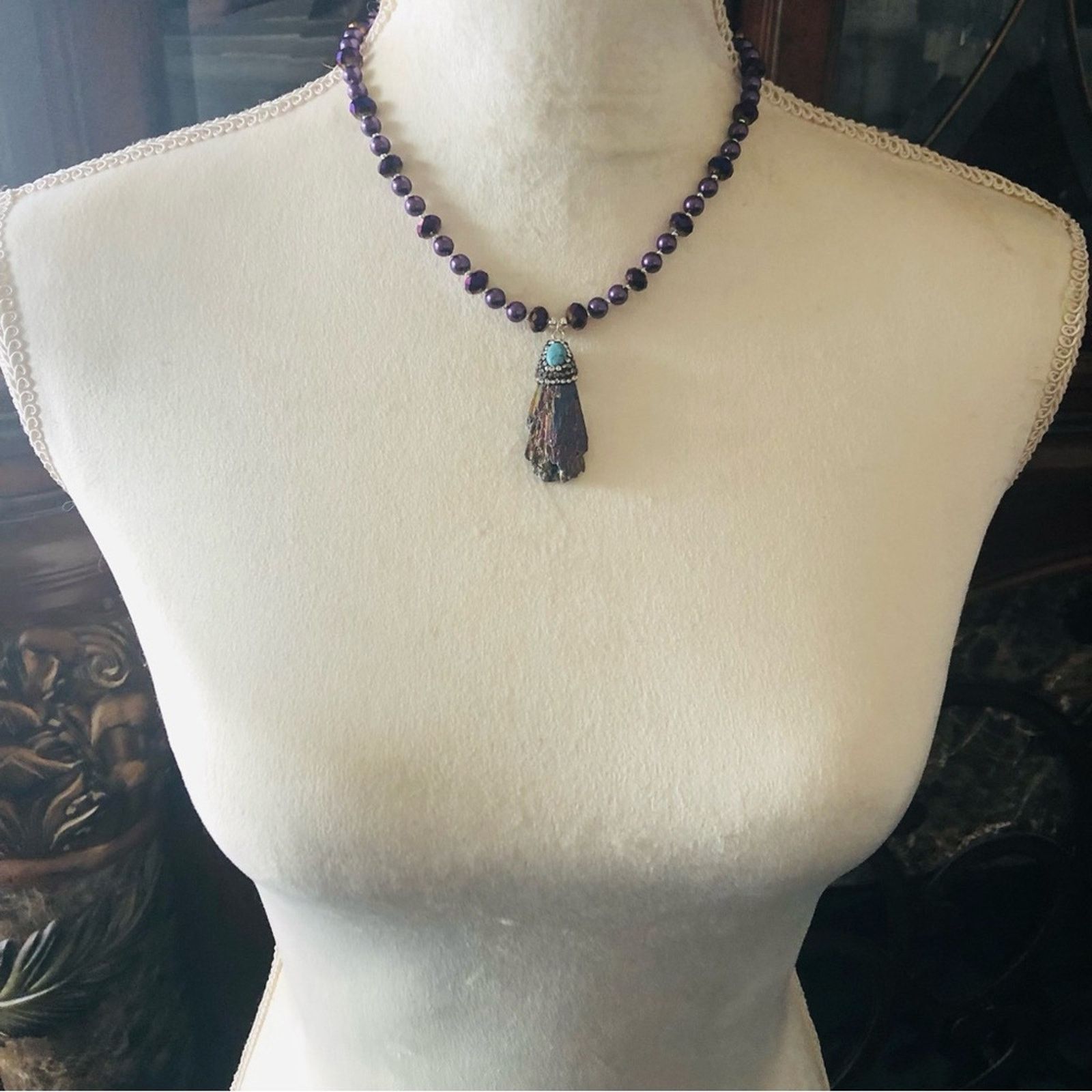 Handcrafted peacock tail tourmaline turquoise Pearl necklace