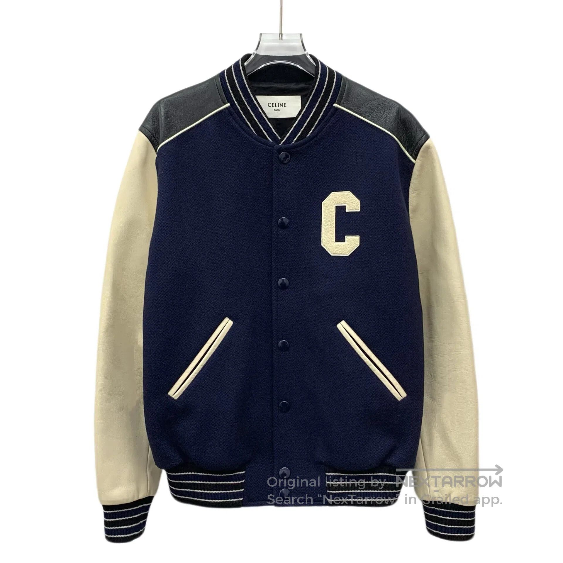 Celine CELINE Dark Blue Striped Letter Flock Wool Lapel Single Br Size US S / EU 44-46 / 1 - 1 Thumbnail