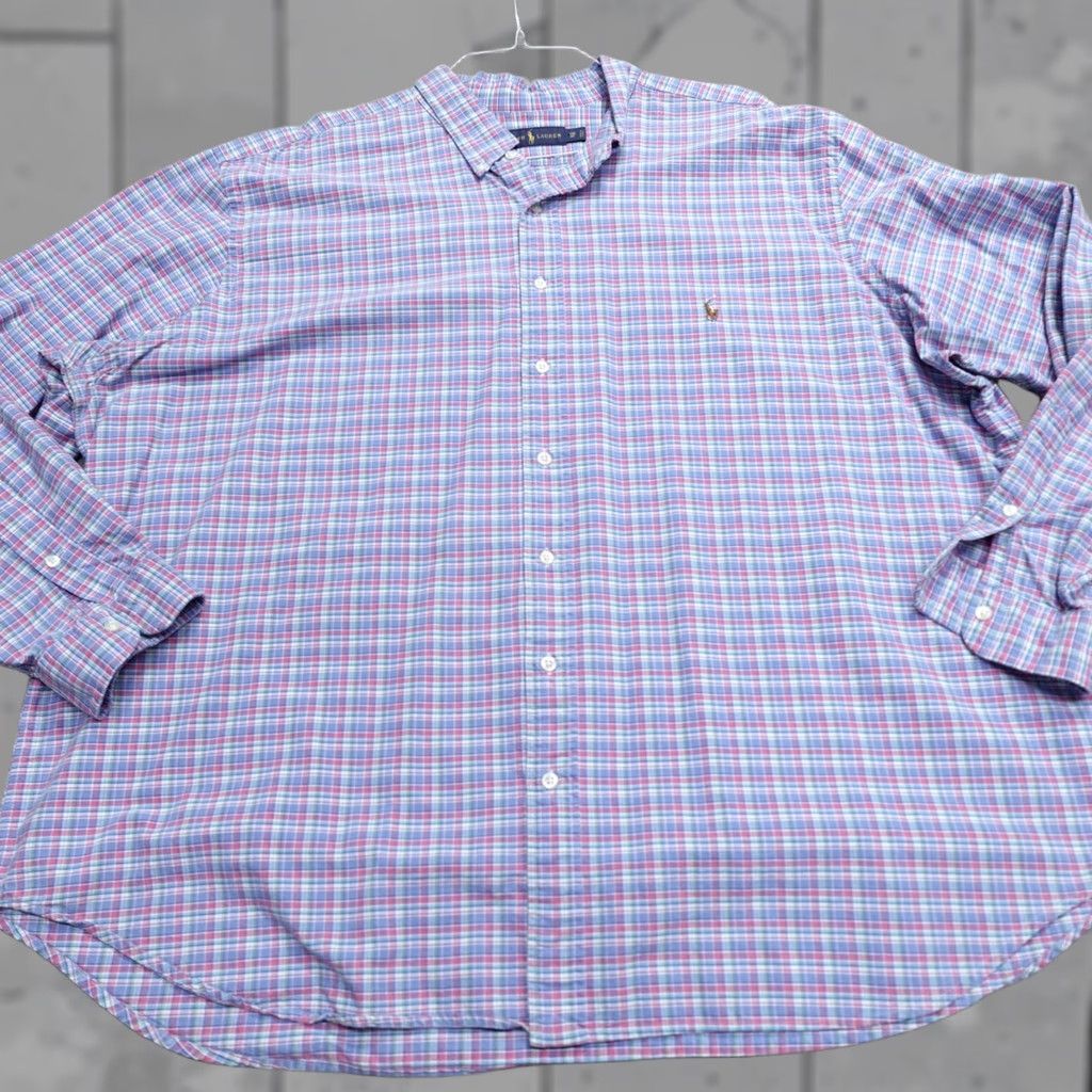 Polo Ralph Lauren VINTAGE Polo Ralph Lauren Shirt 3XB Blue Plaid 100% Cotton Oxford Mens Big & Tall Button-Up Size US XXL / EU 58 / 5 - 1 Thumbnail