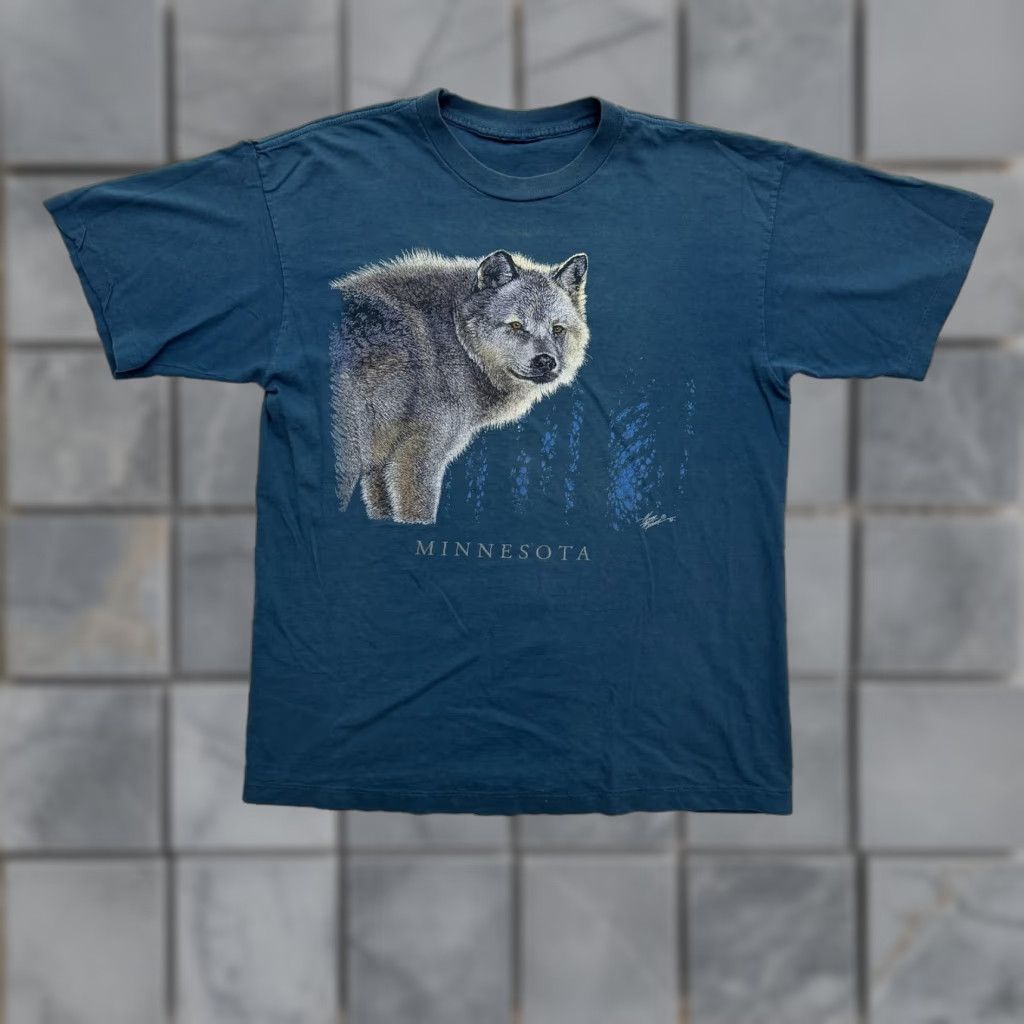 Vintage Minnesota Wolf Shirt Mens XL Blue Graphic Print Tee Short Sleeve Crew Neck Wildlife Nature MN Size US XL / EU 56 / 4 - 1 Thumbnail