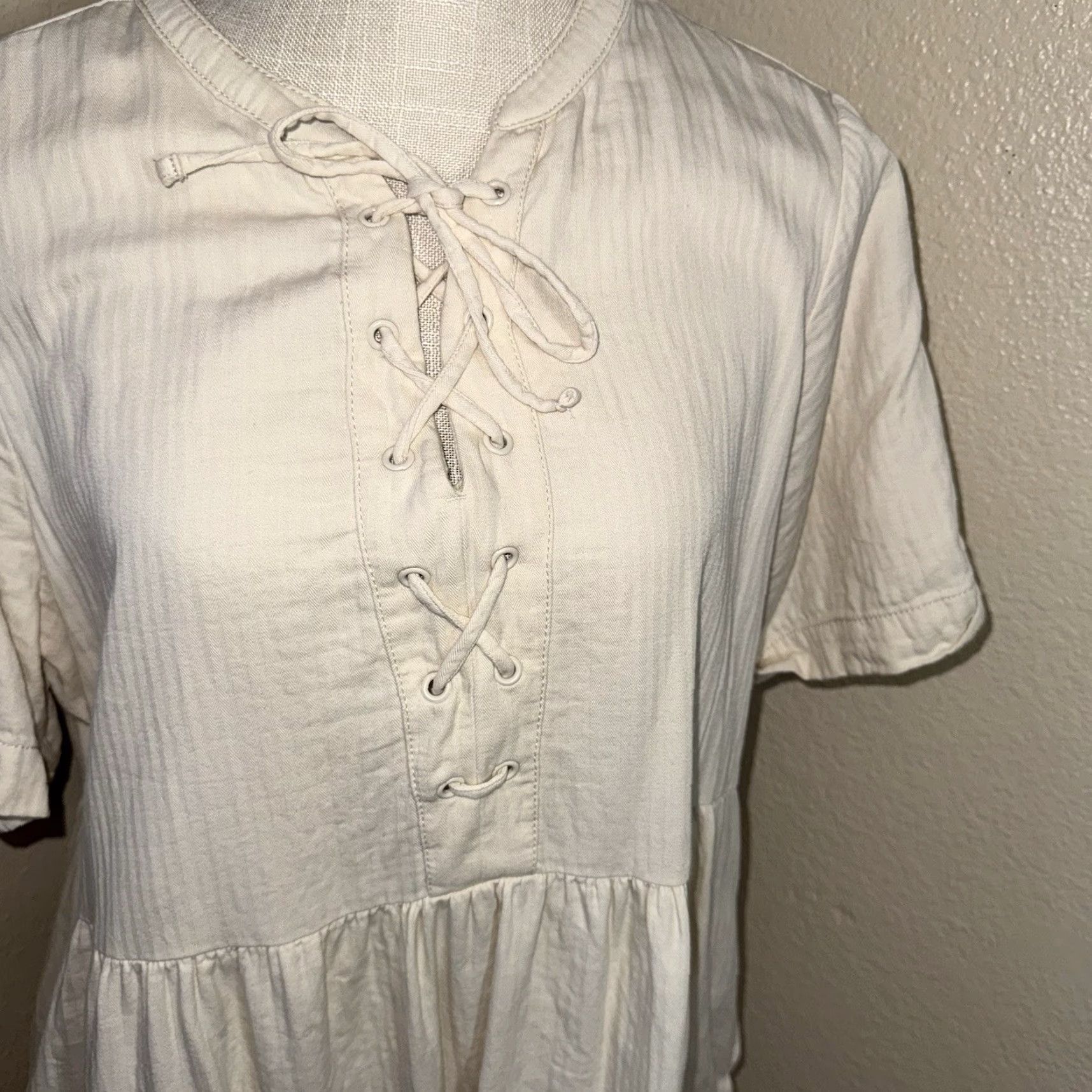 Old Navy VINTAGE Old Navy Dress Midi Dress Boho 90s Cream Cotton Pleated  V-Neck Short Sleeve L Regular Women Size L | Grailed