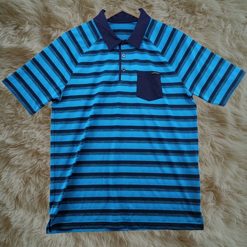 Oakley Polo Shirt Mens M Blue Striped Regular Fit Hydrolix Stretch, Men's