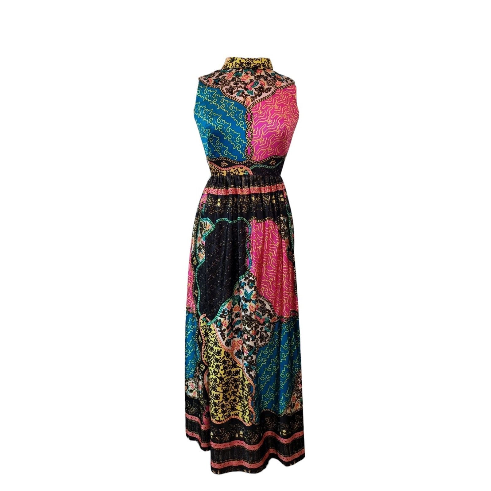 Vintage 1970s Mod Rainbow Paisley Maxi Dress – Size 5