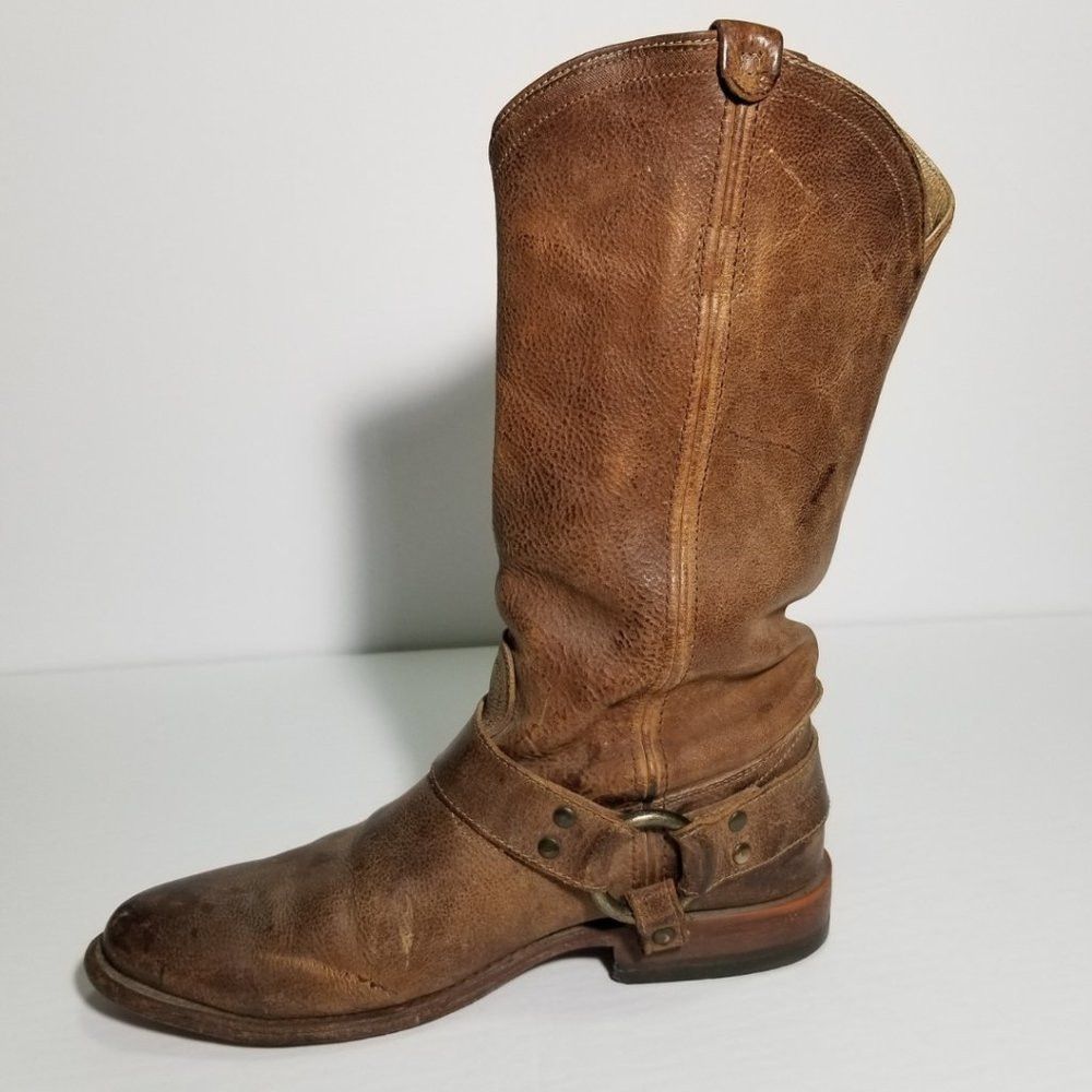 FRYE Brown Leather Wyatt Harness Mid Calf Cowboy Boots