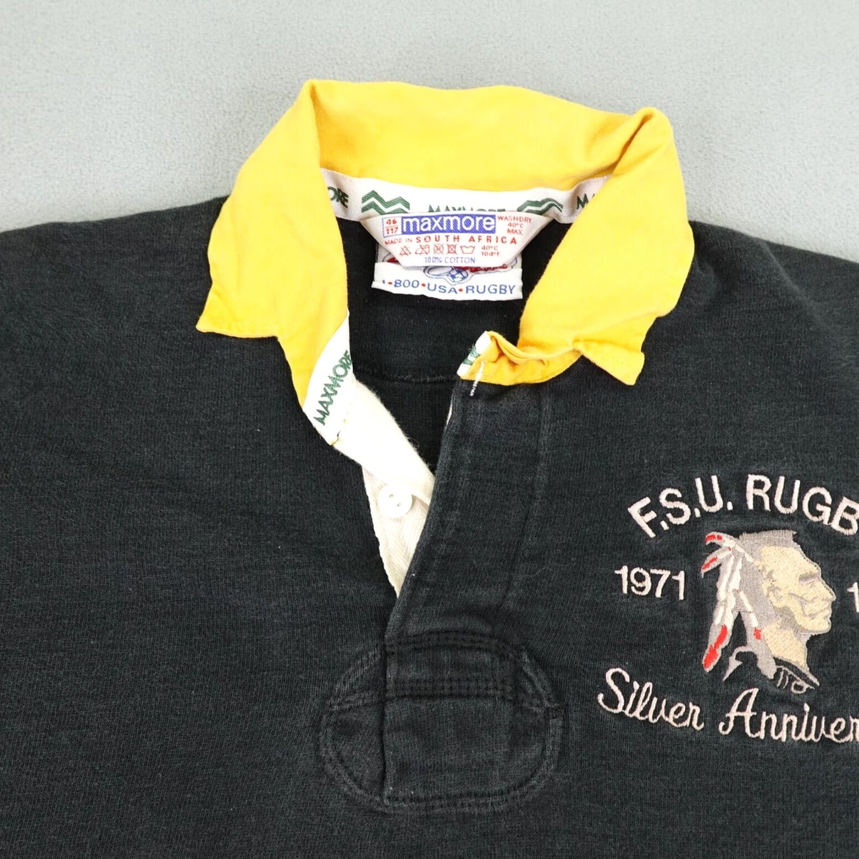 Vintage VINTAGE Maxmore Rugby Polo Shirt Mens Medium Black Yellow Stripes 90s Team Logo Embroidered Polo Shirt Mens M Black, White, Yellow, Striped 90s Rugby Size US M / EU 48-50 / 2 - 2 Thumbnail