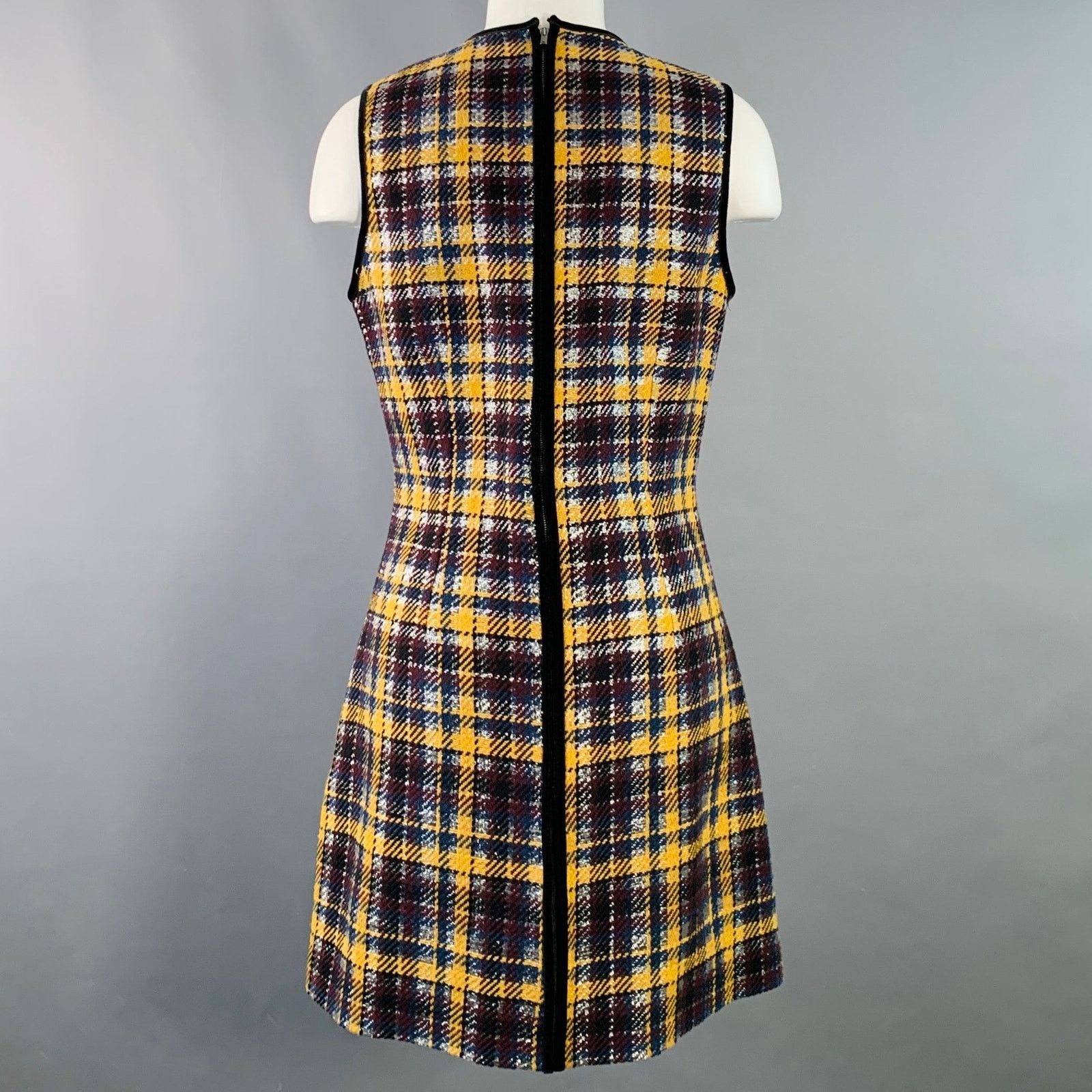 MSGM Size 8 Yellow Black Silver Wool Ruffle Plaid Mini Dress Size M / US 6-8 / IT 42-44 - 4 Thumbnail