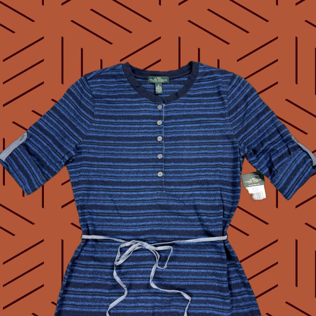 Vintage LAUREN RALPH LAUREN BLUE STRIPE HENLEY DRESS S 3/4 SLEEVE NEW BELT KNIT COTTON SHIRT DRESS casual business formal party 90s? Size S / US 4 / IT 40 - 1 Thumbnail