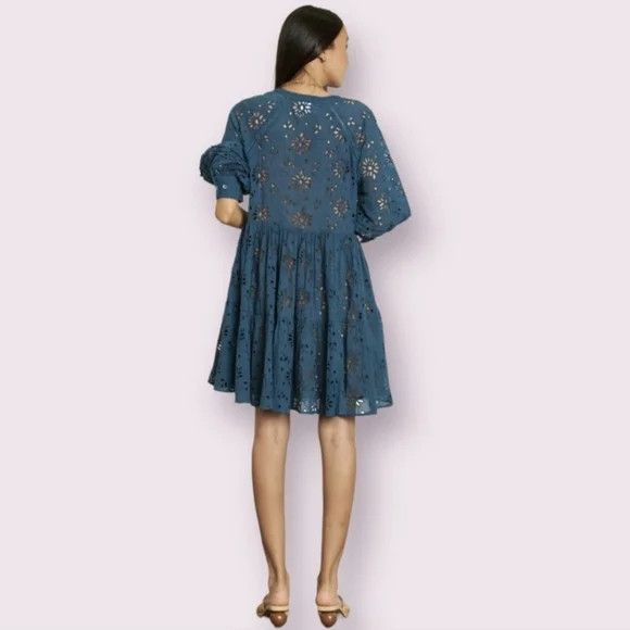 Anthropologie dRA Yara Teal 1/2 Button 3/4 Sleeve Eyelet Dress Boho Comfy Size XS / US 0-2 / IT 36-38 - 3 Thumbnail