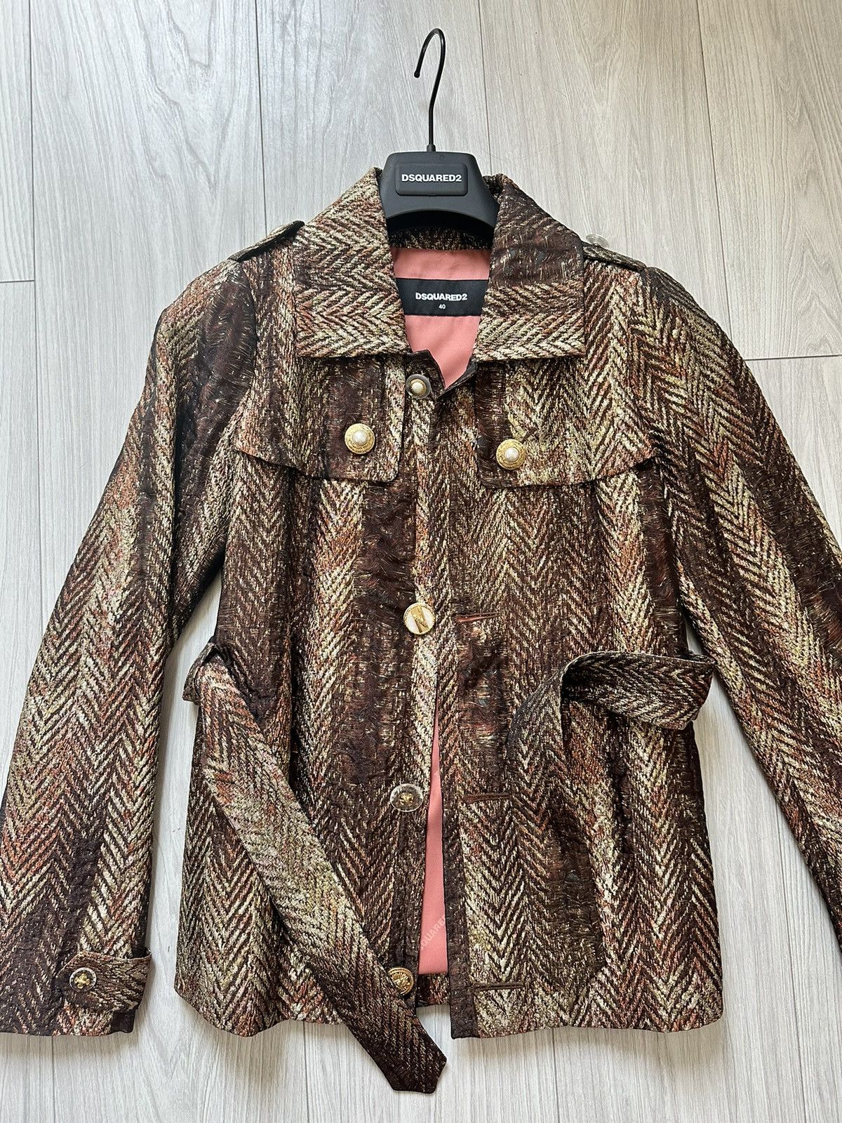 Designer × Dsquared2 Dsquared2 Women's Silk Goldish Belted Light Button Up Jacket Size S / US 4 / IT 40 - 6 Thumbnail