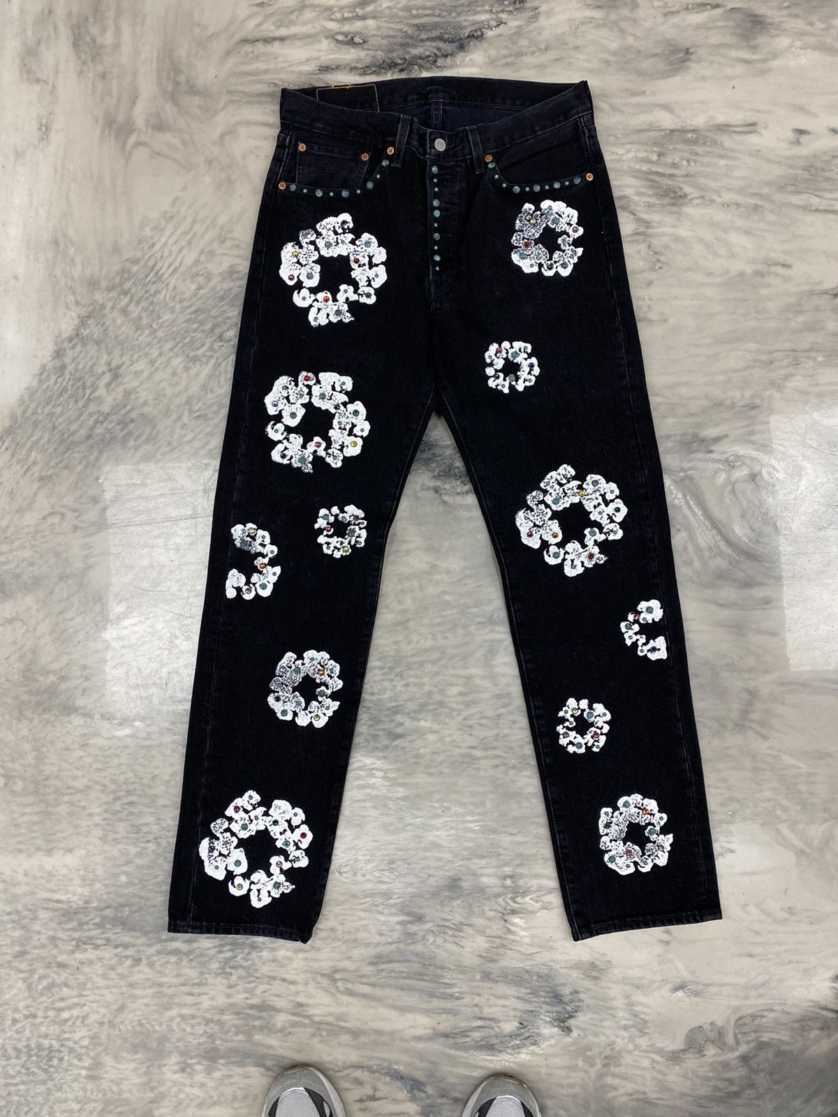 image of Denim Tears Cotton Wreath Rhinestone Denim Black Size 33, Men's