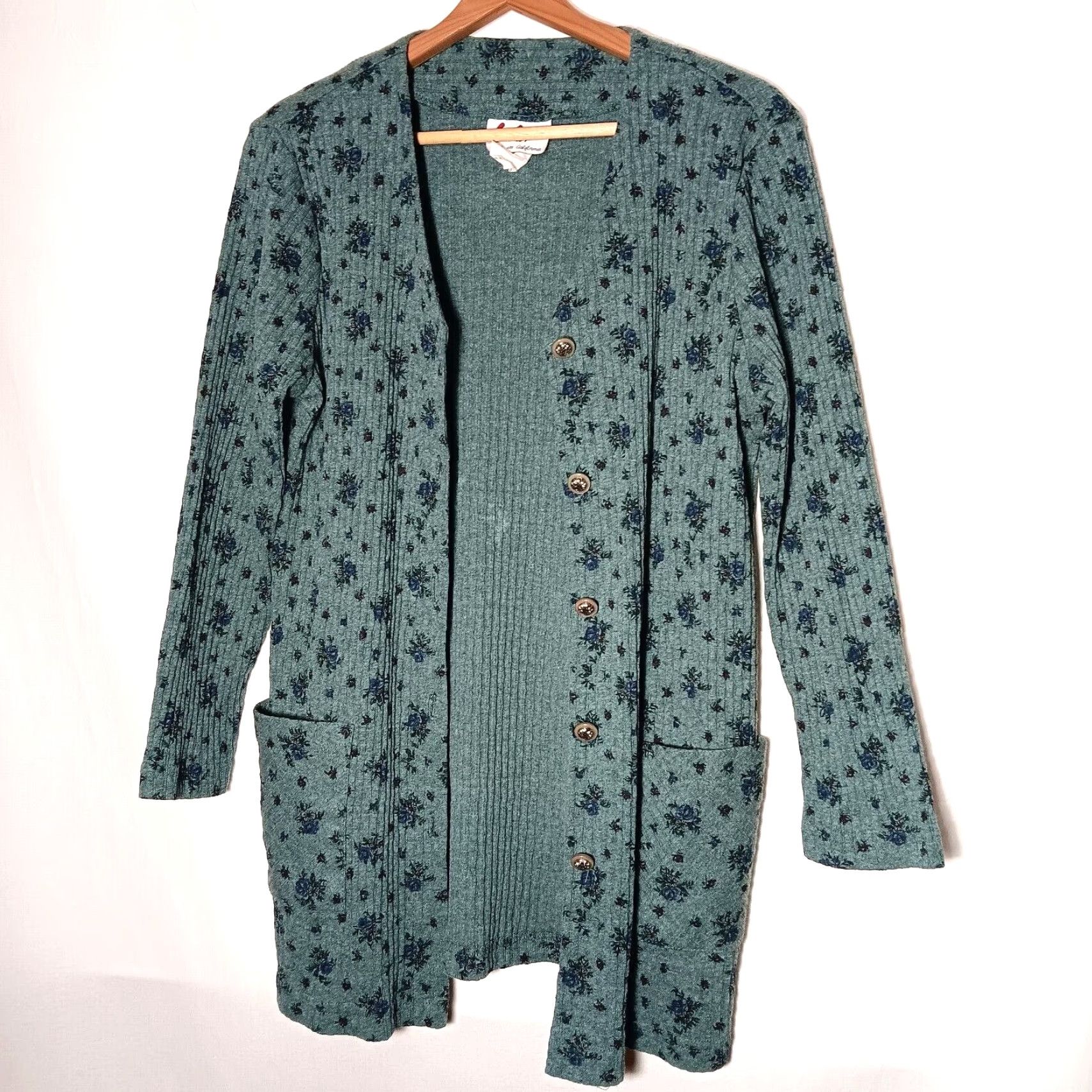 Vintage VINTAGE Pink Rose LA Gal Dress 2 Piece Set Women 12 Green Blue Floral Ribbed Knit Button Cardigan Tank Dress Winter Fall Spring Size XL / US 12-14 / IT 48-50 - 4 Thumbnail