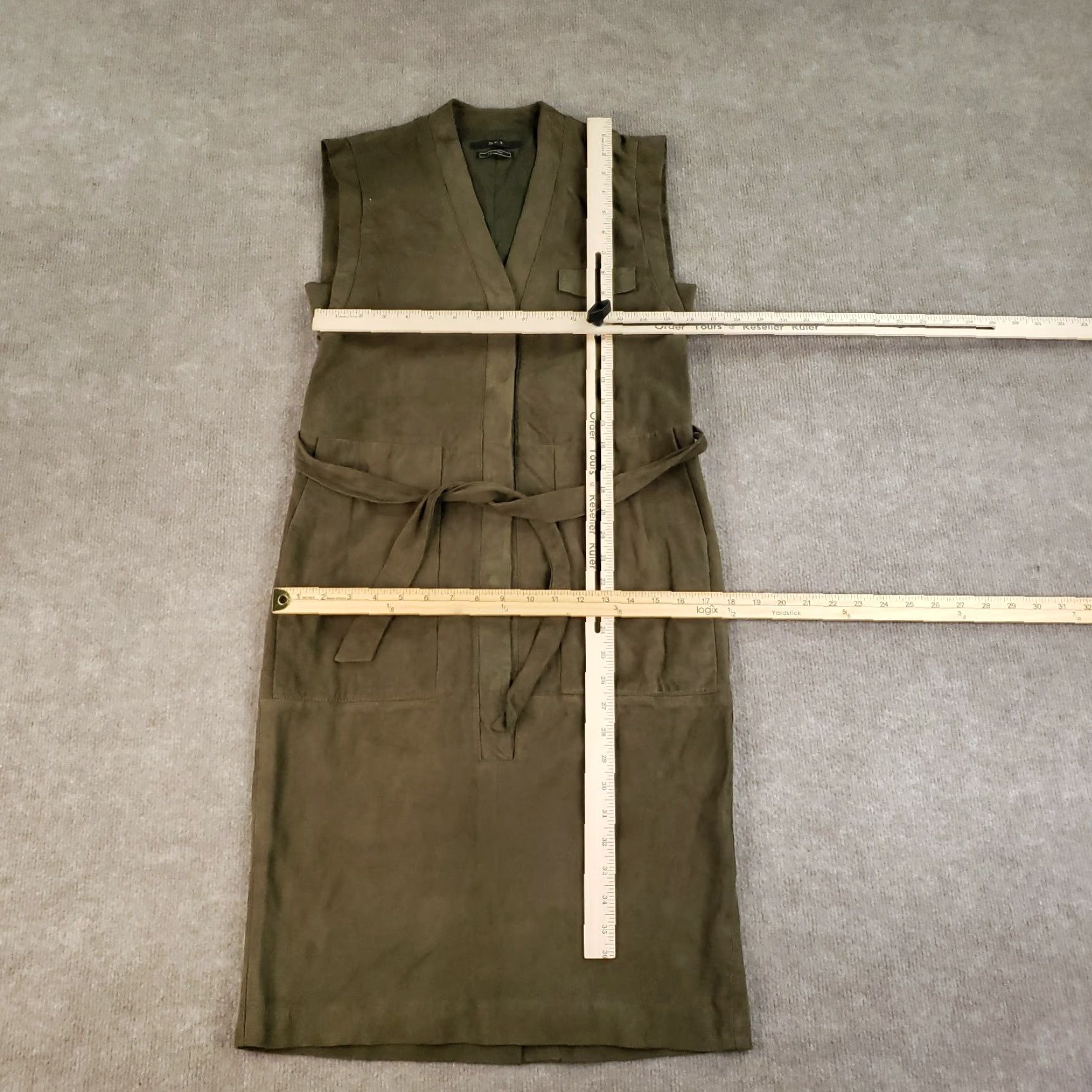 Vintage SET Dress Women Size 4 Green Suede Leather Sleeveless Midi Belted Pockets V Neck Size S / US 4 / IT 40 - 2 Thumbnail